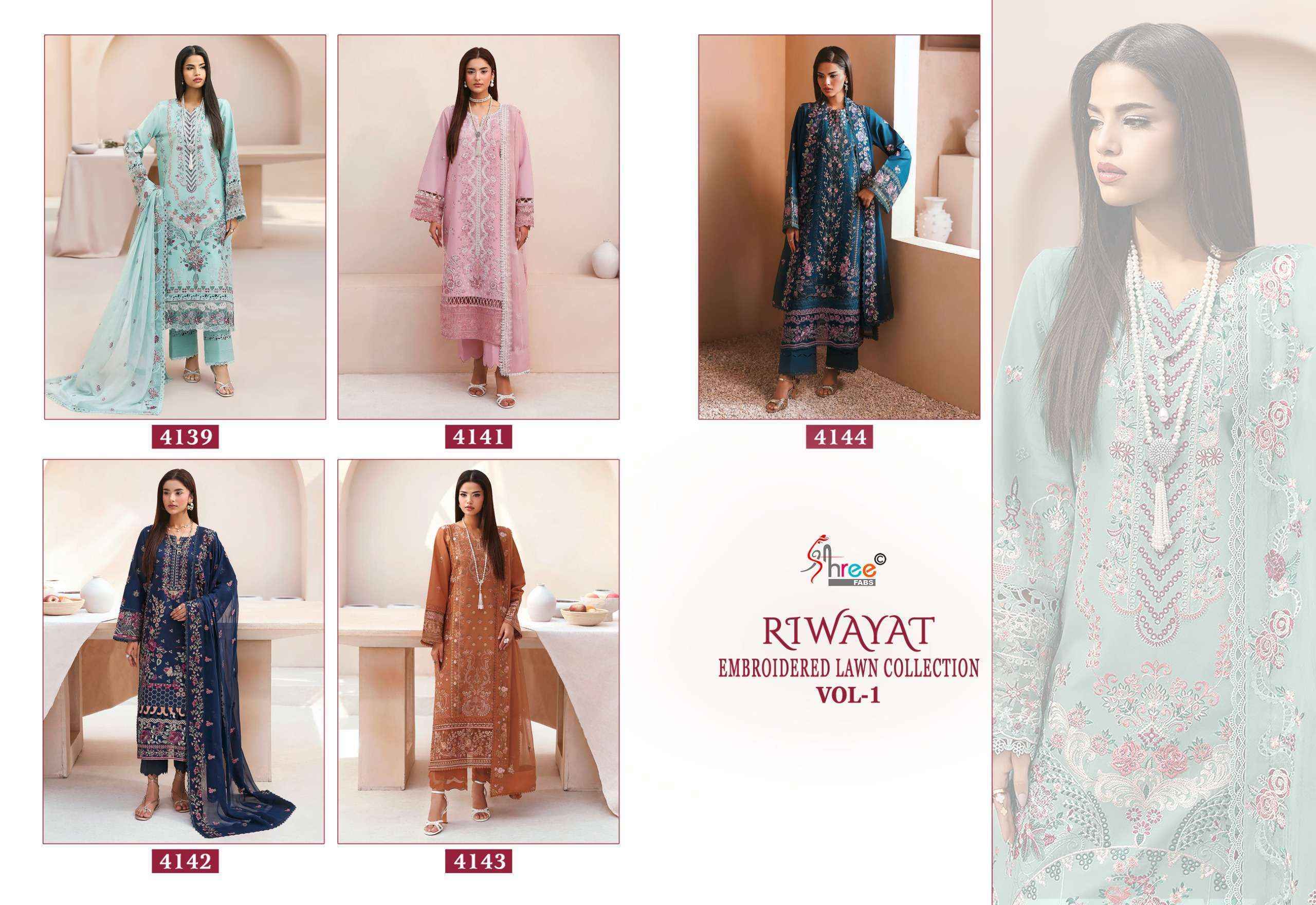 Shree Fabs Riwayat Embroidered Lawn Collection Vol-1 Cotton Dress Material (5 pcs Catalogue)