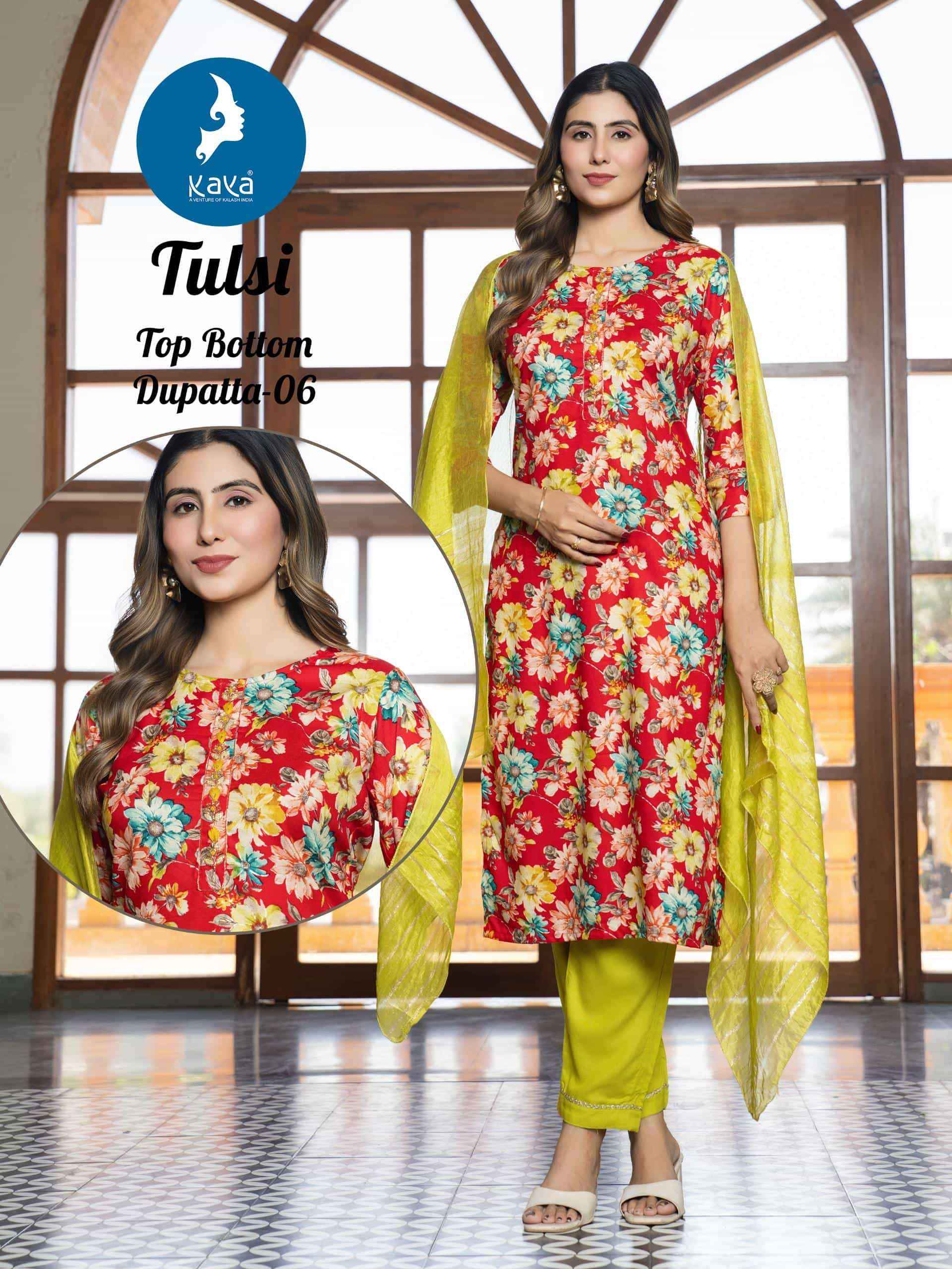 Kaya Tulsi Rayon Foil Print Readymade Suit (6 pcs Catalogue)