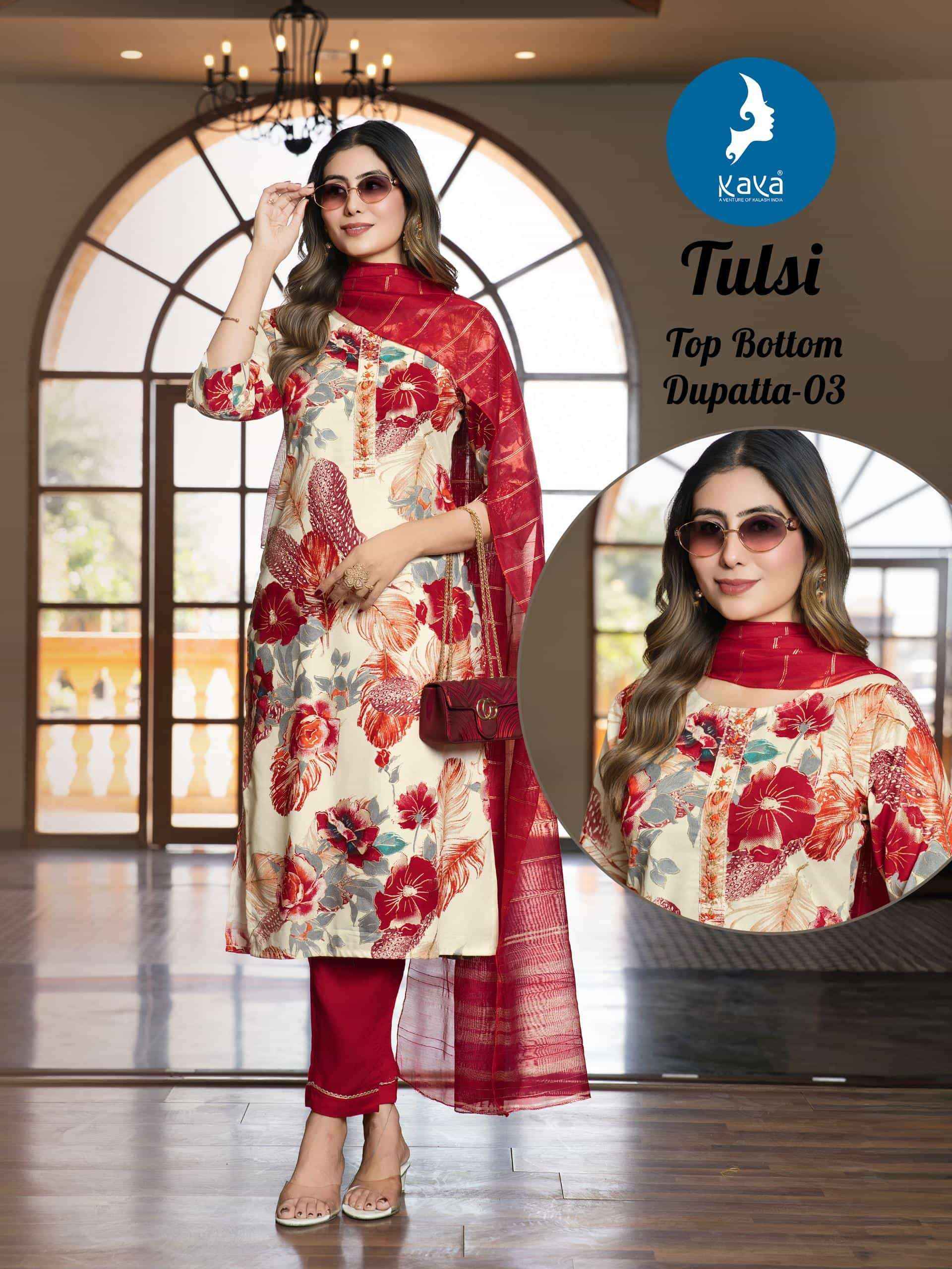 Kaya Tulsi Rayon Foil Print Readymade Suit (6 pcs Catalogue)