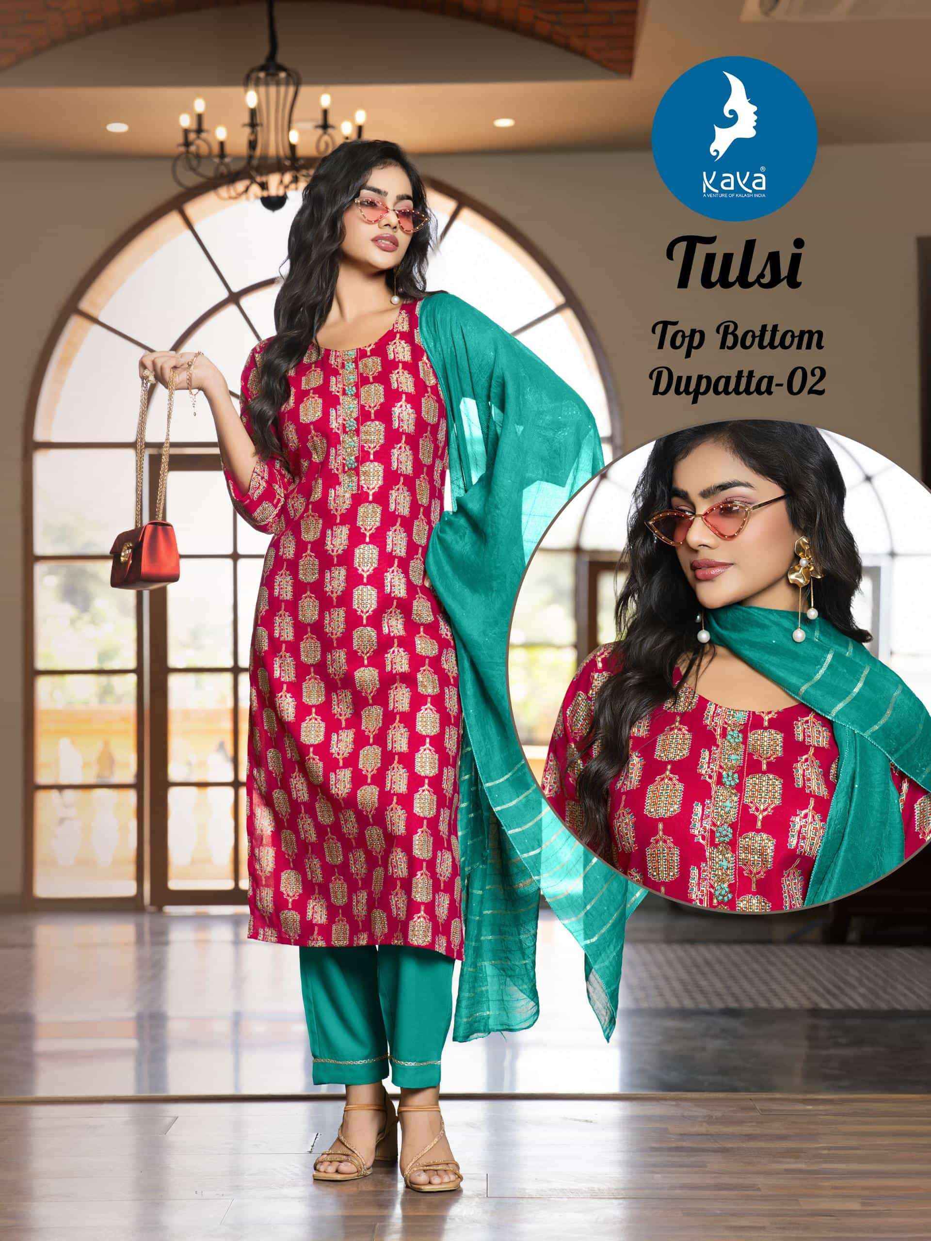 Kaya Tulsi Rayon Foil Print Readymade Suit (6 pcs Catalogue)