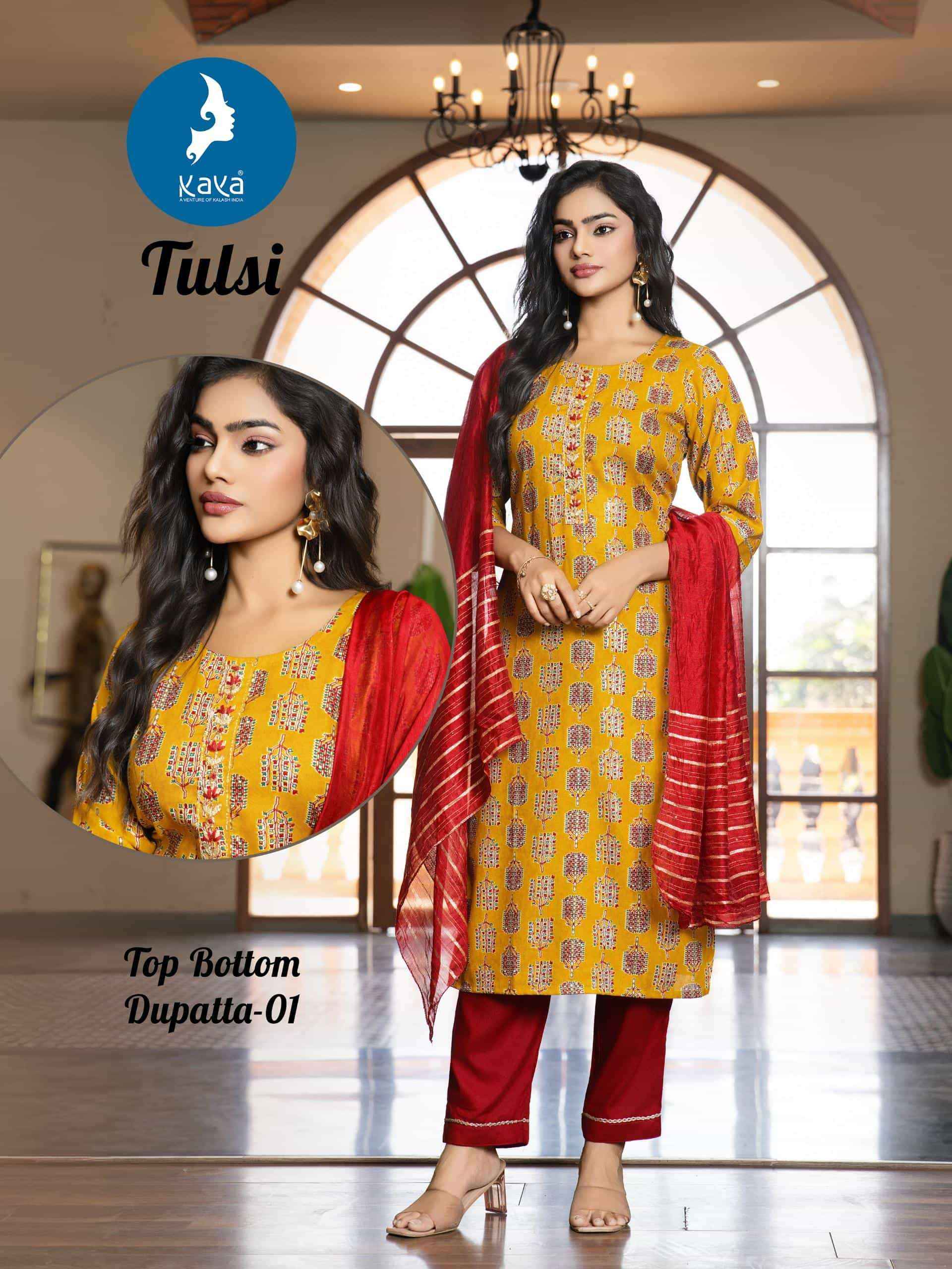 Kaya Tulsi Rayon Foil Print Readymade Suit (6 pcs Catalogue)