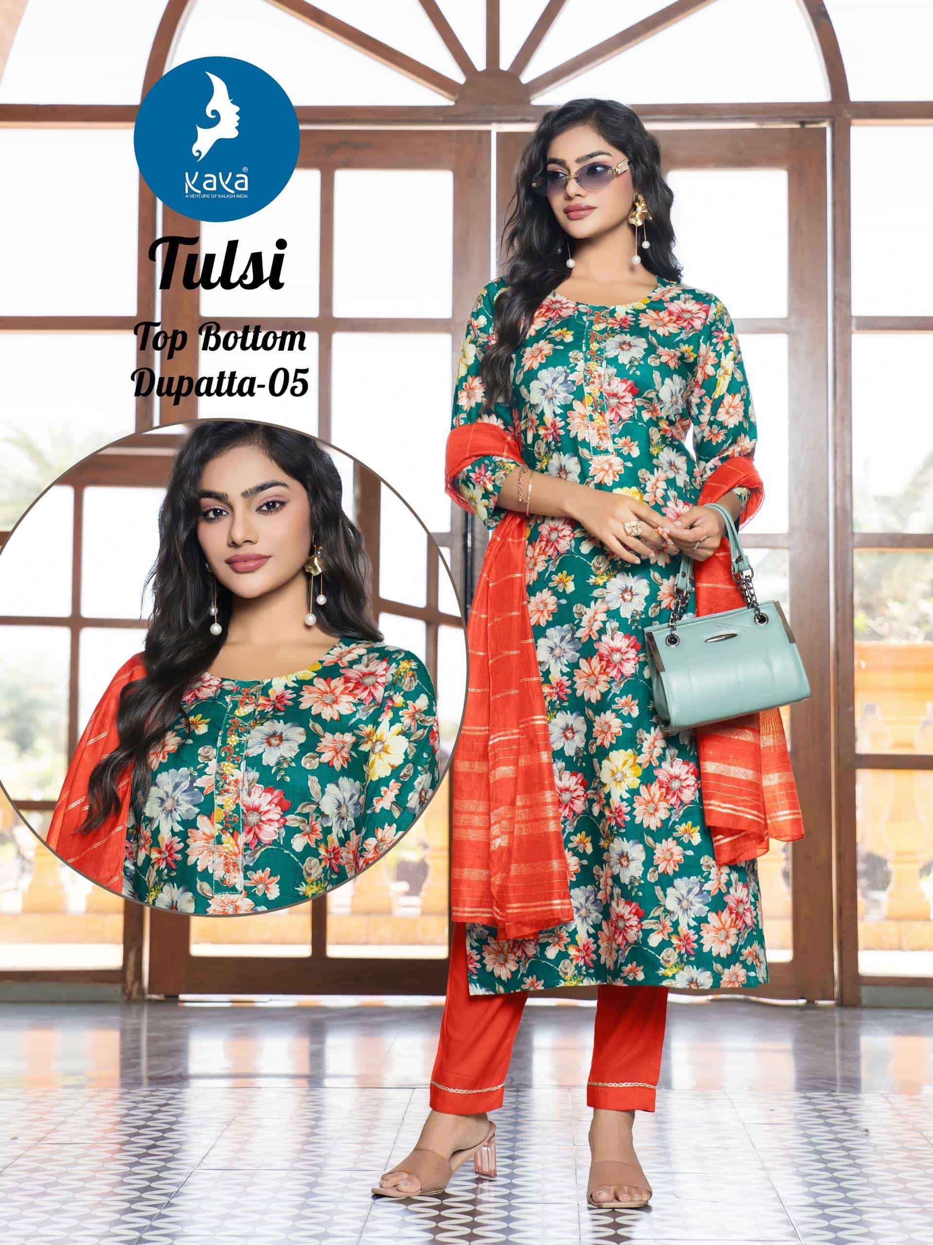Kaya Tulsi Rayon Foil Print Readymade Suit (6 pcs Catalogue)