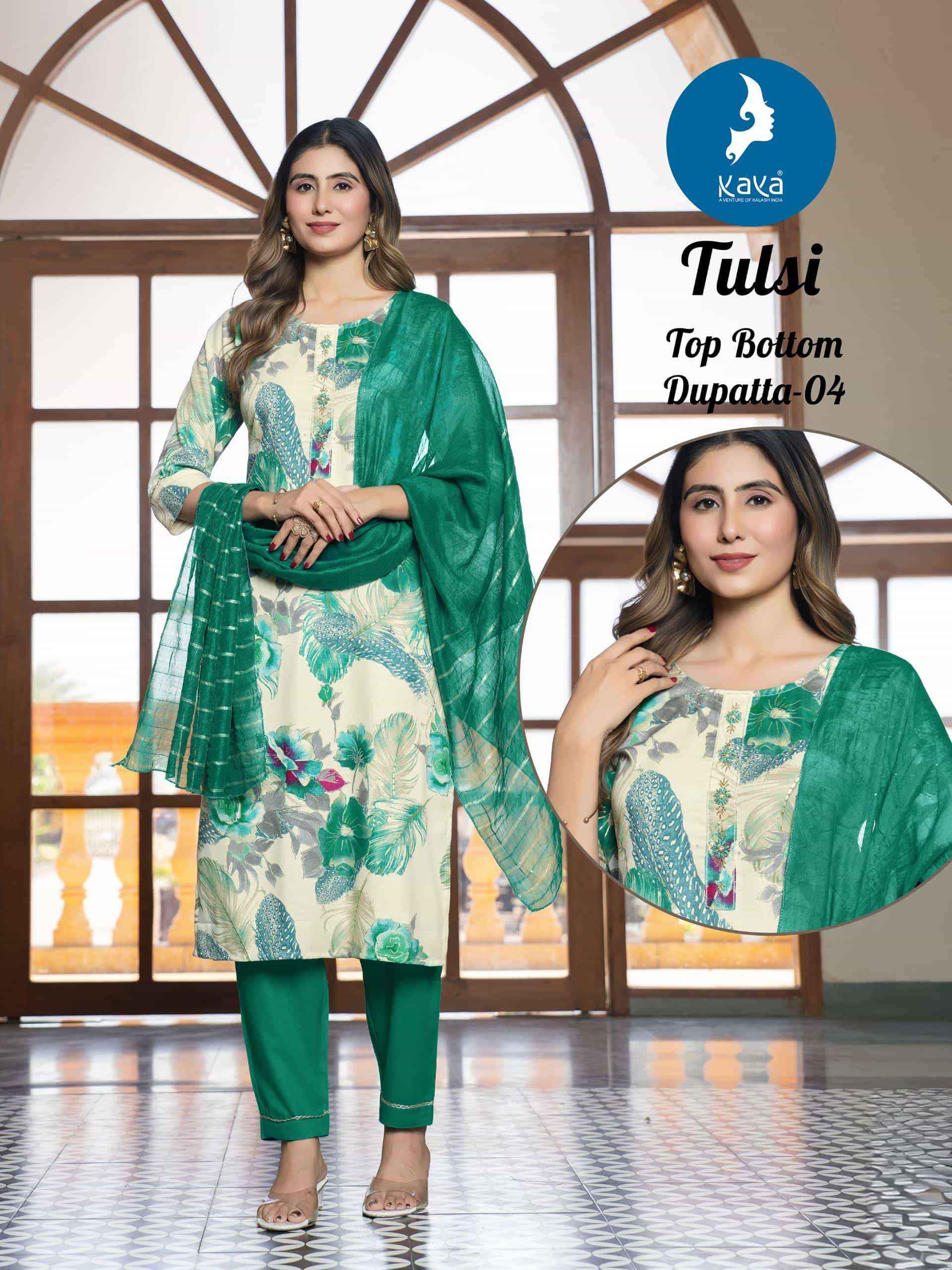 Kaya Tulsi Rayon Foil Print Readymade Suit (6 pcs Catalogue)