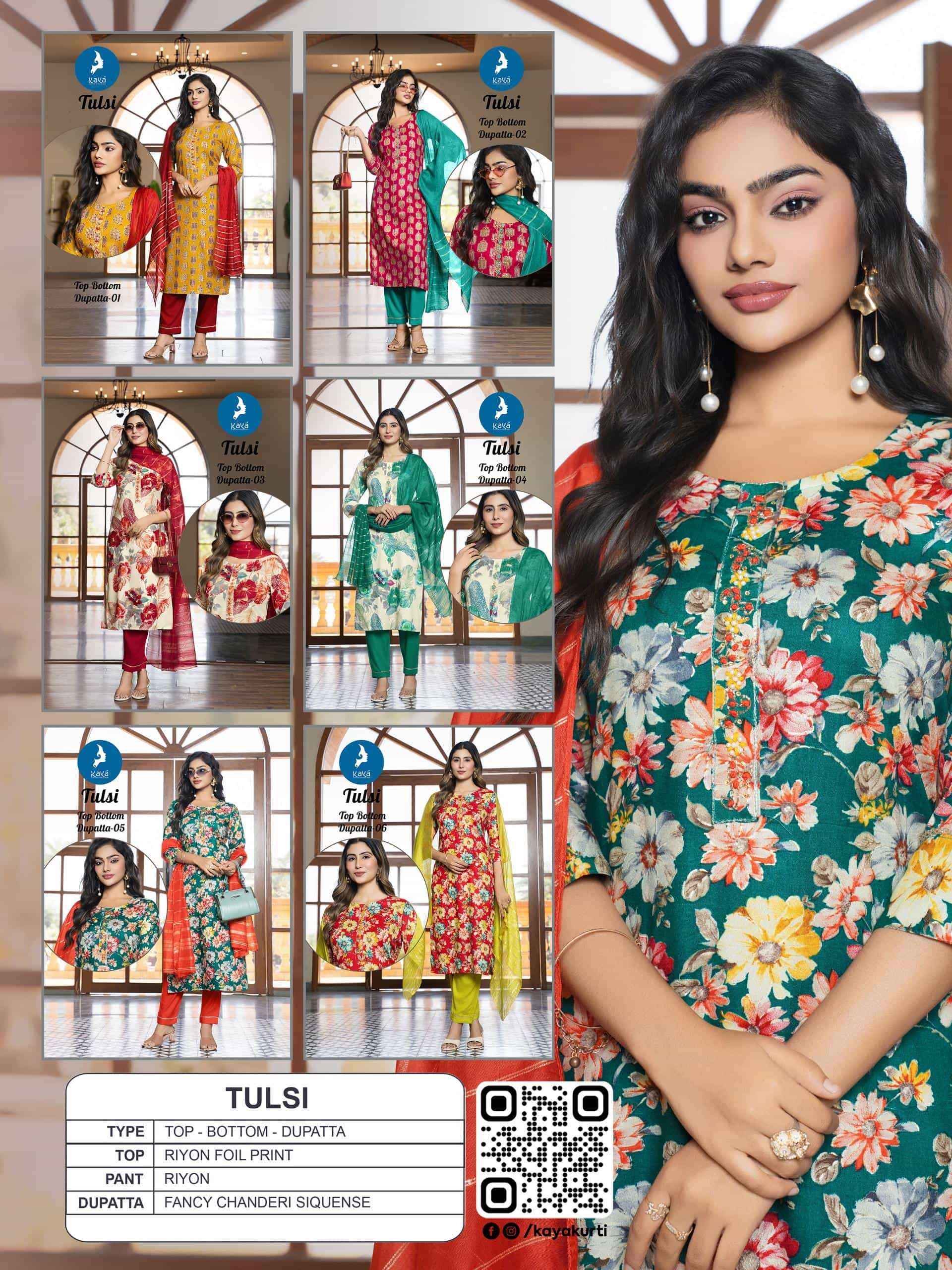 Kaya Tulsi Rayon Foil Print Readymade Suit (6 pcs Catalogue)