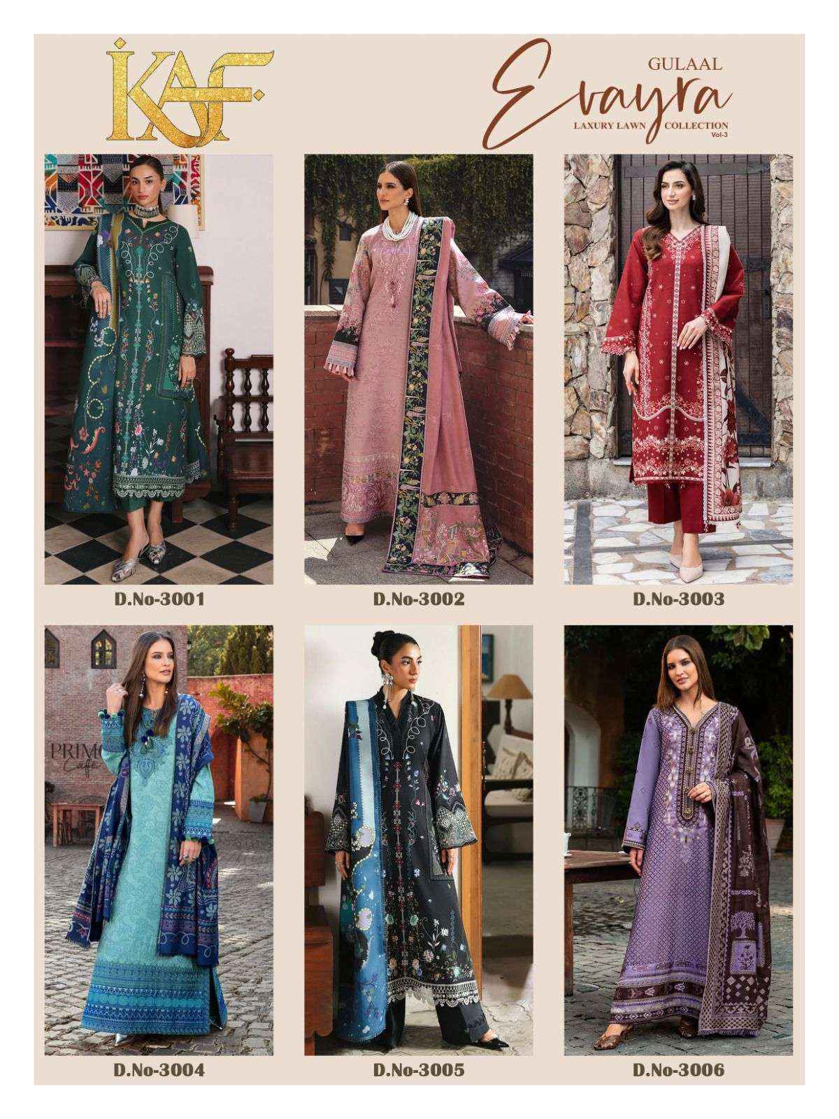 KAF Fabric Evayra Gulaal Vol 3 Cotton Dress Material 6 Pc Catalouge