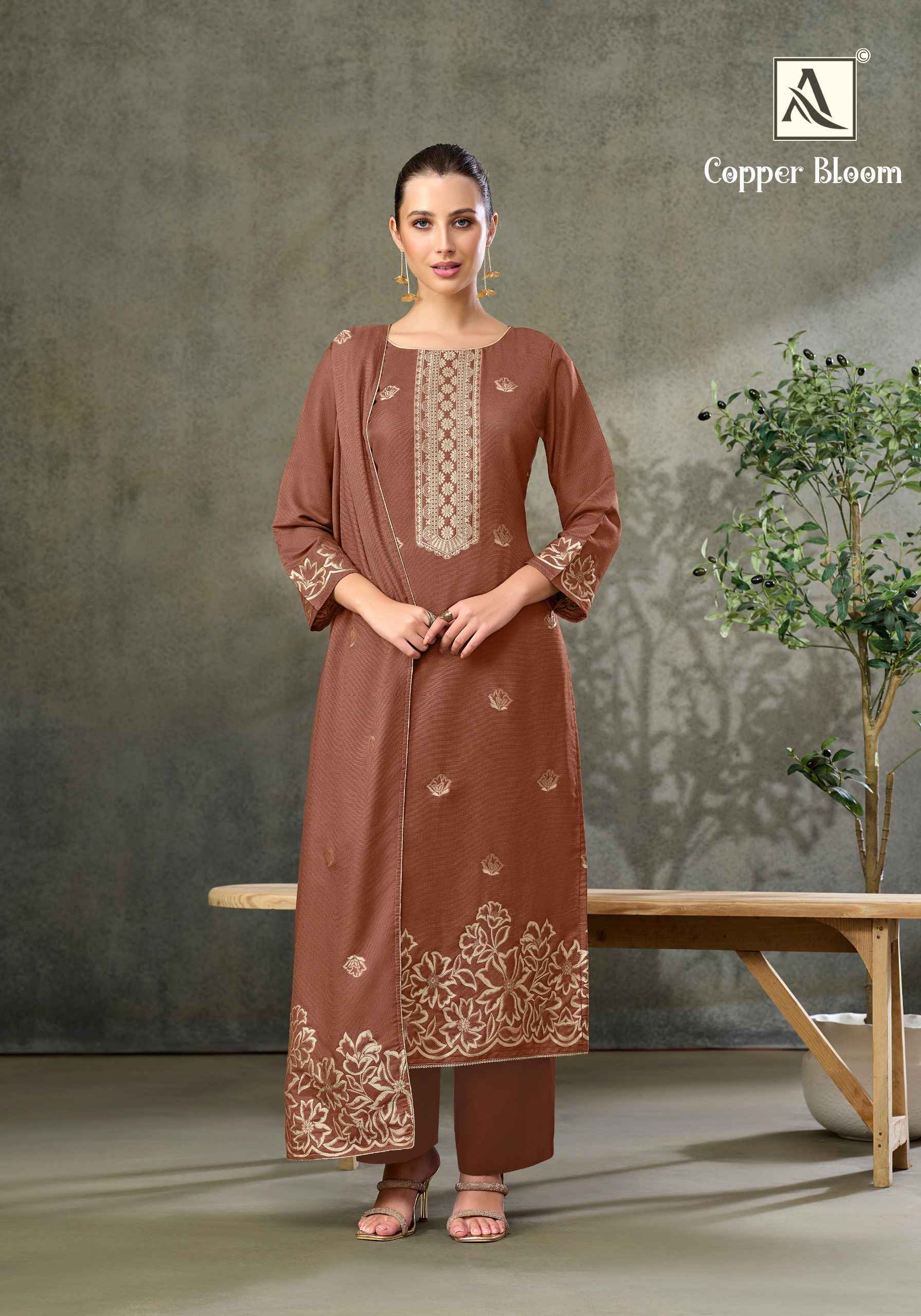 Alok Copper Bloom Linen Dress Material (6 pcs Catalogue)