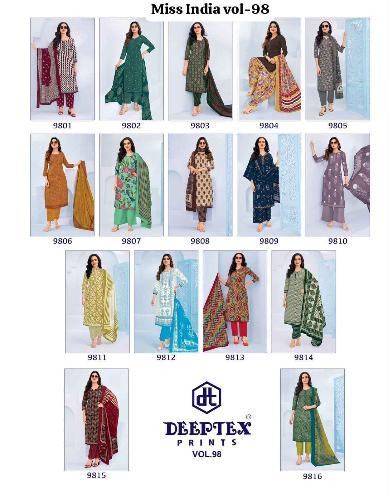 Deeptex Miss India Vol-98 Cotton Dress Material (16 pcs Catalogue)