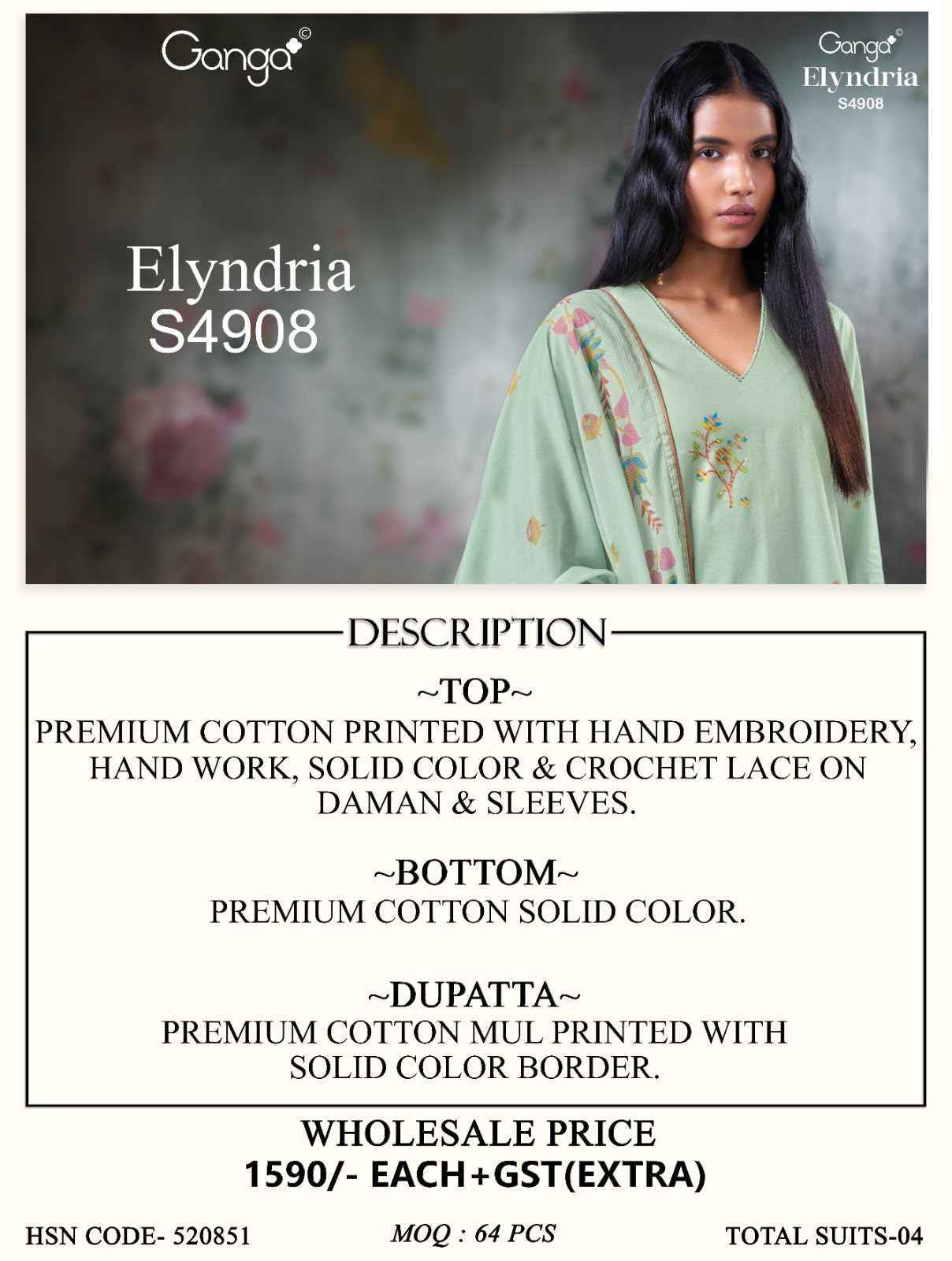 Ganga Elyndria-4908 Cotton Dress Material (4 pcs Catalogue)