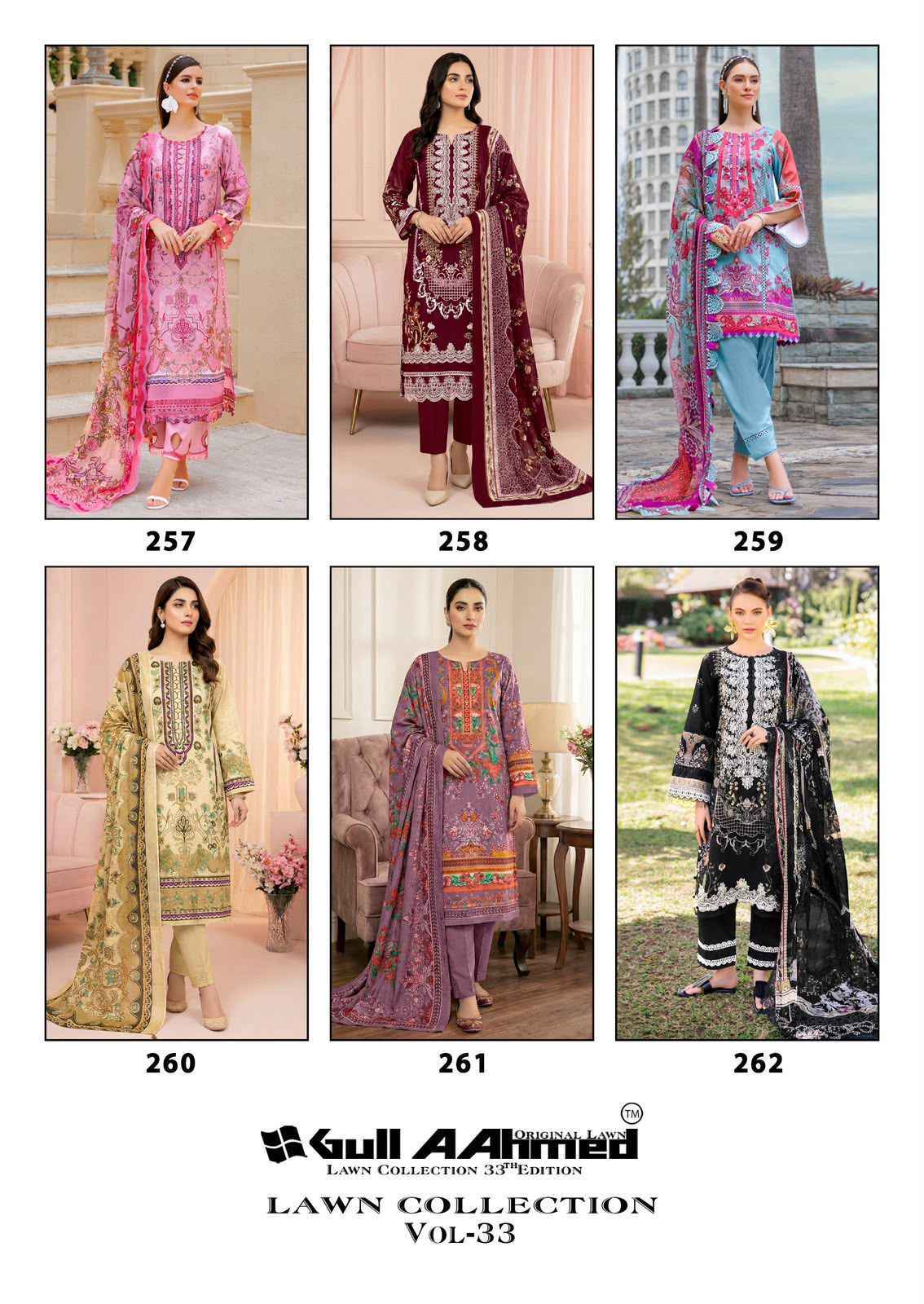 Gull Ahmed Lawn Collection Vol-33 Cambric Cotton Dress Material (6 Pc Catalouge)