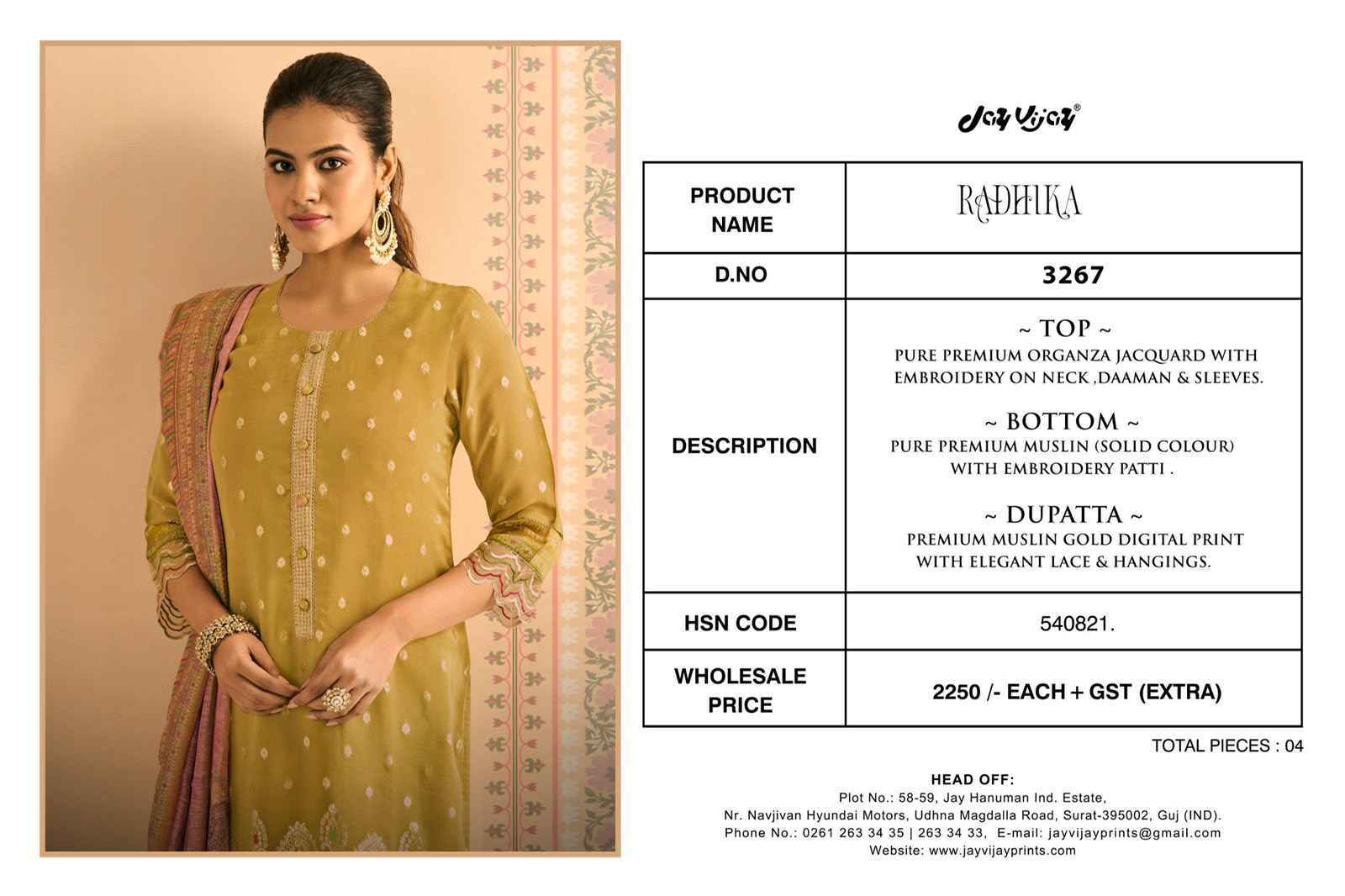 Jay Vijay Radhika-3267 Organza Jacquard Dress Material (4 pcs Catalogue)