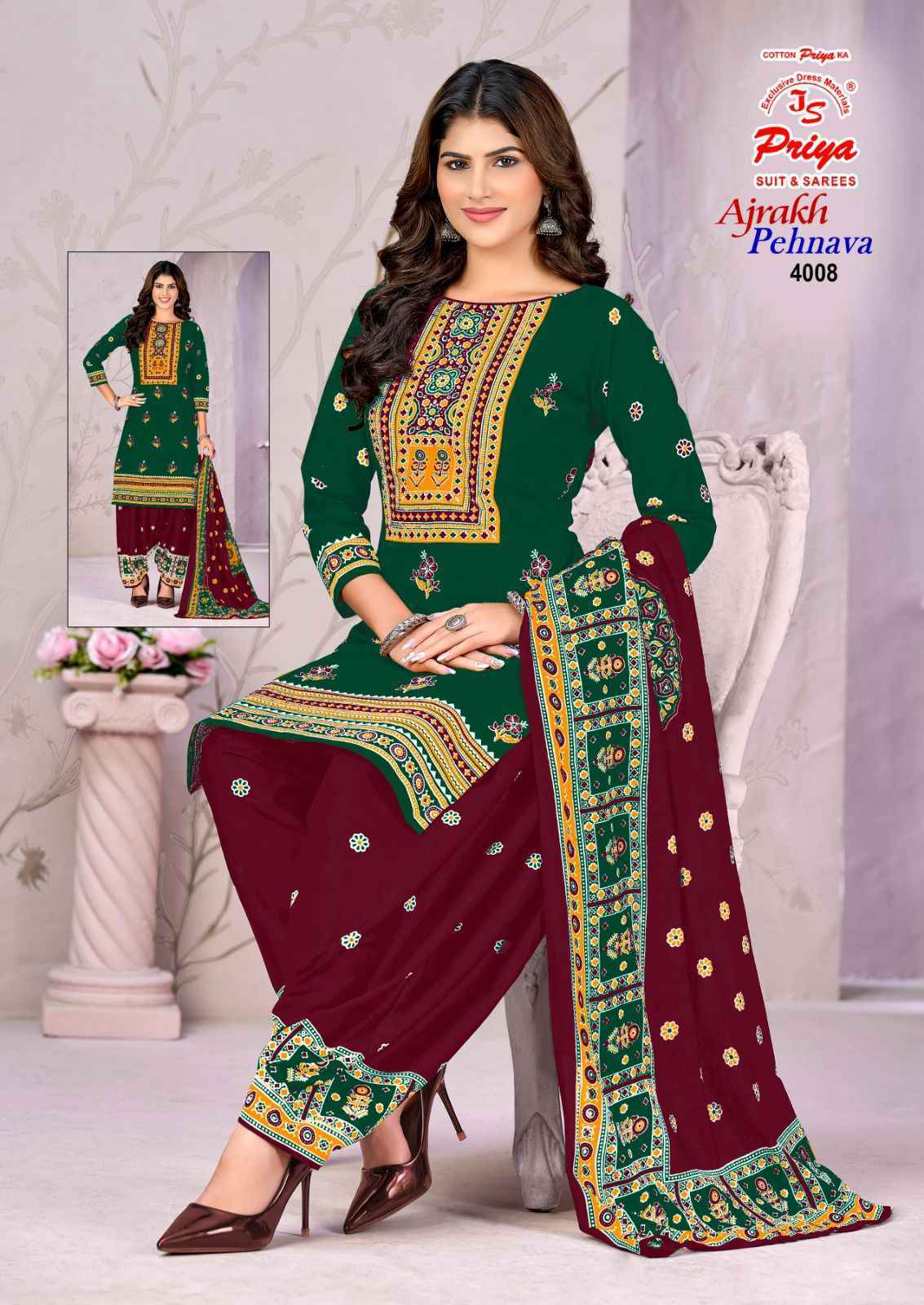 Js Priya Ajrakh Pehnava Vol-4 Cotton Dress Material (10 pcs Catalogue)