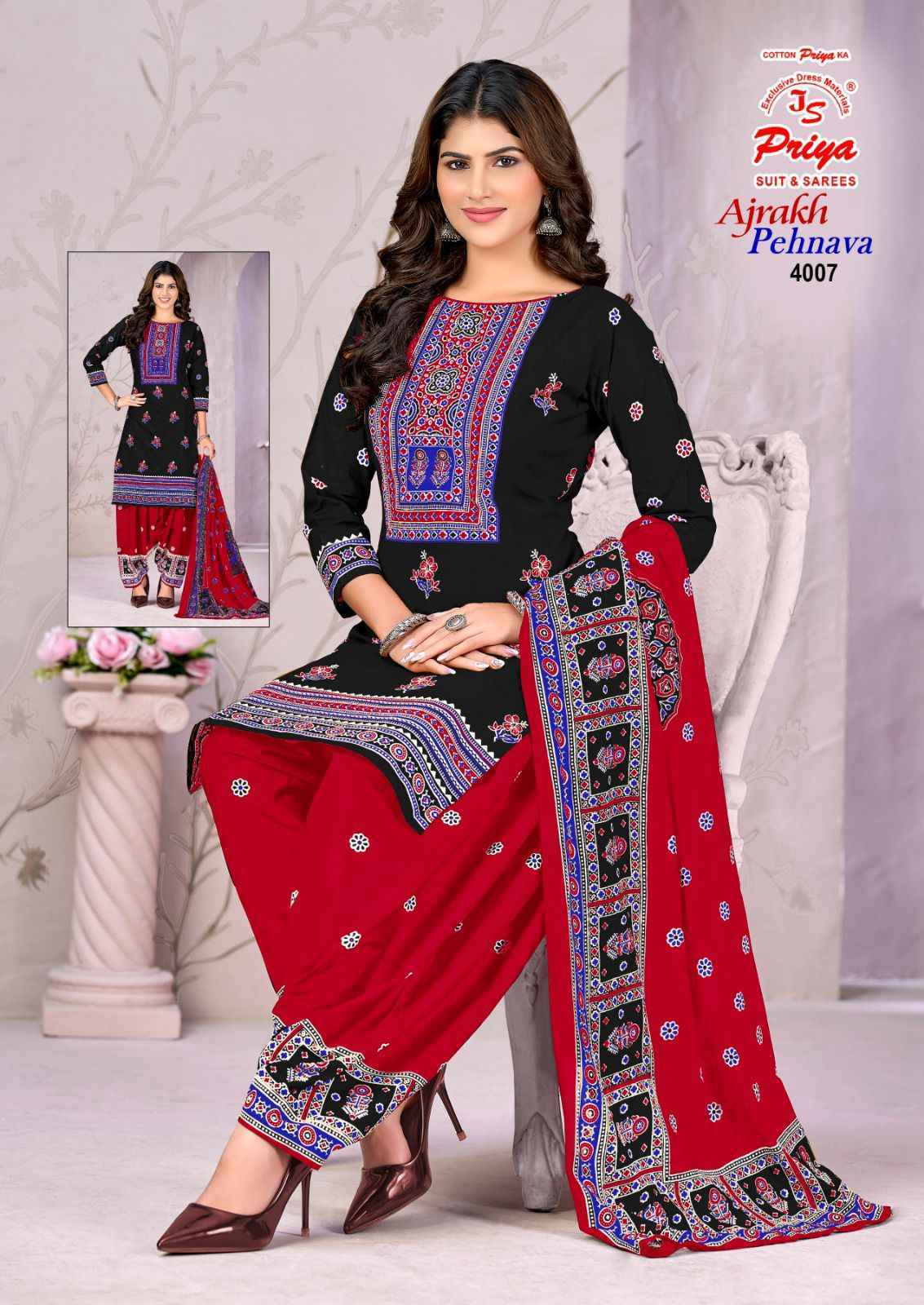 Js Priya Ajrakh Pehnava Vol-4 Cotton Dress Material (10 pcs Catalogue)