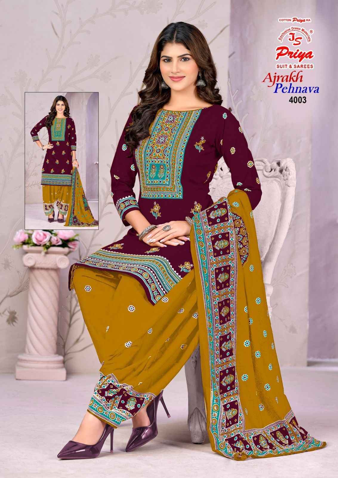 Js Priya Ajrakh Pehnava Vol-4 Cotton Dress Material (10 pcs Catalogue)