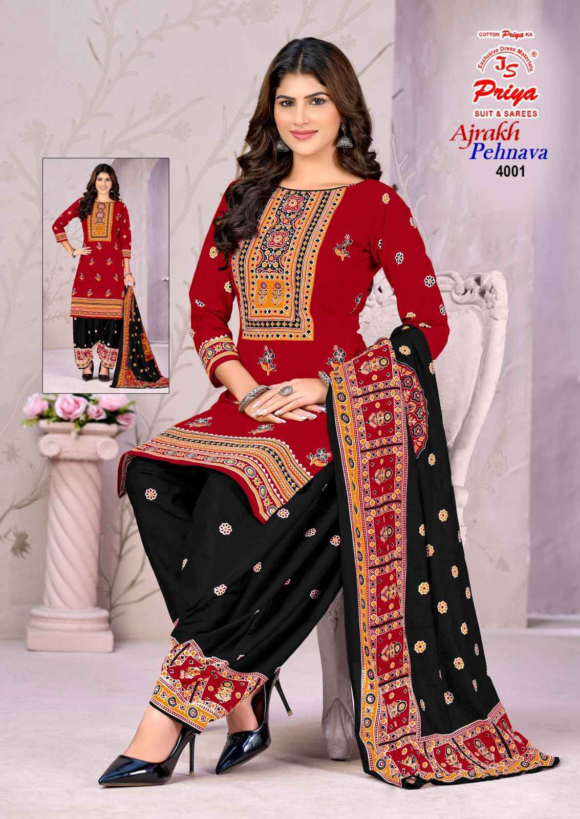 Js Priya Ajrakh Pehnava Vol-4 Cotton Dress Material (10 pcs Catalogue)