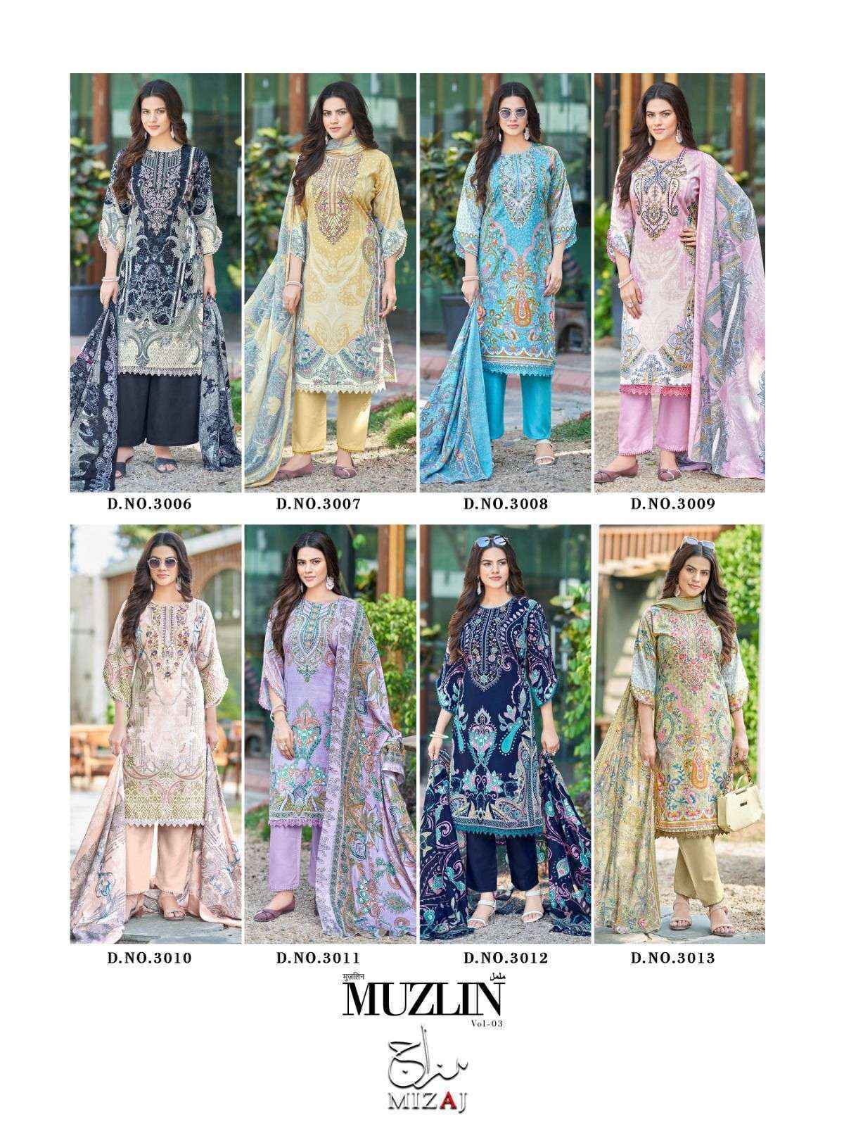Mizaj Muzlin Vol-3 Cotton Dress Material (8 pcs Catalogue)