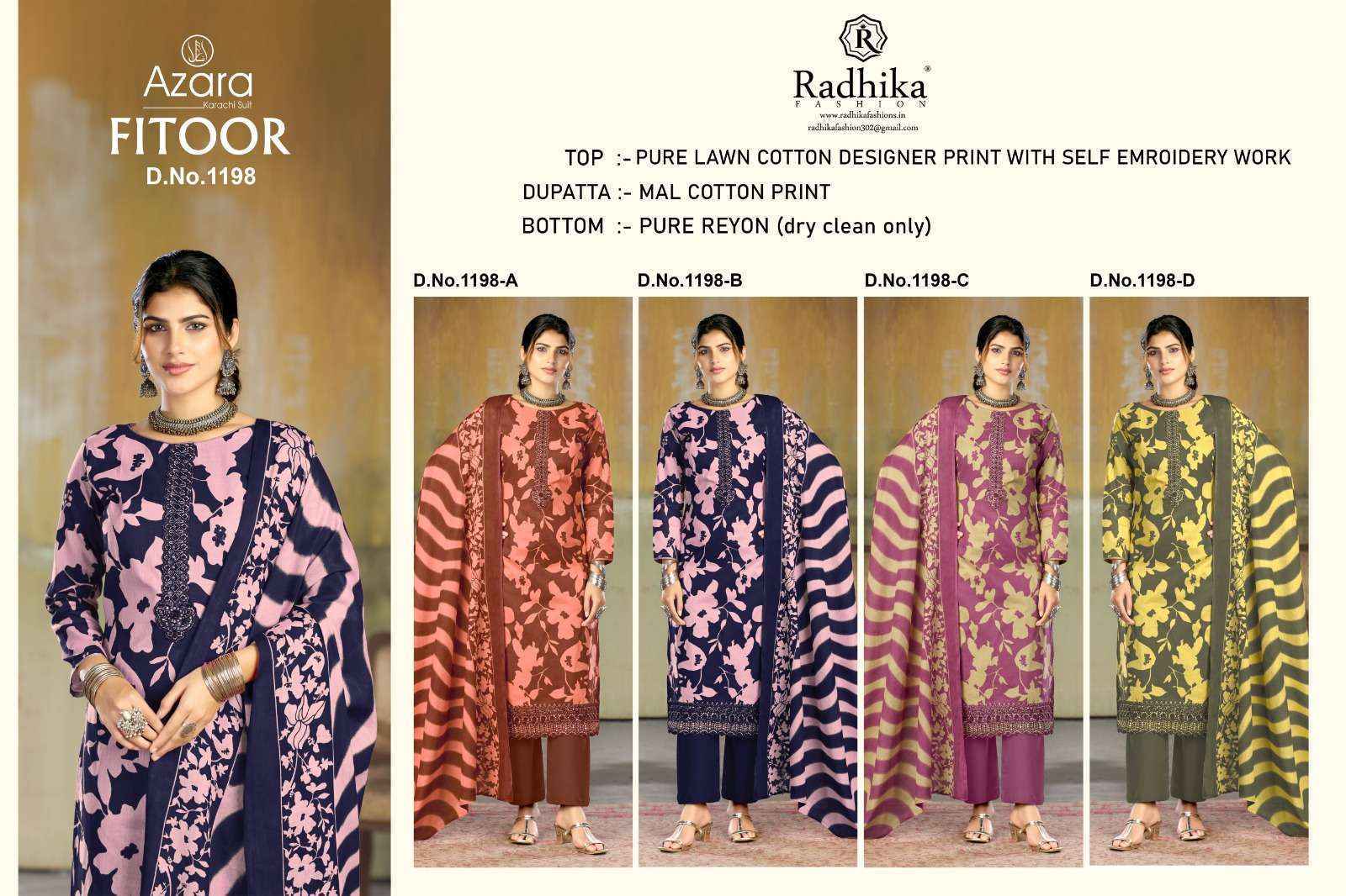 Radhika Fashion Azara Fitoor Lawn Cotton Dress Material (4 pcs Catalogue)