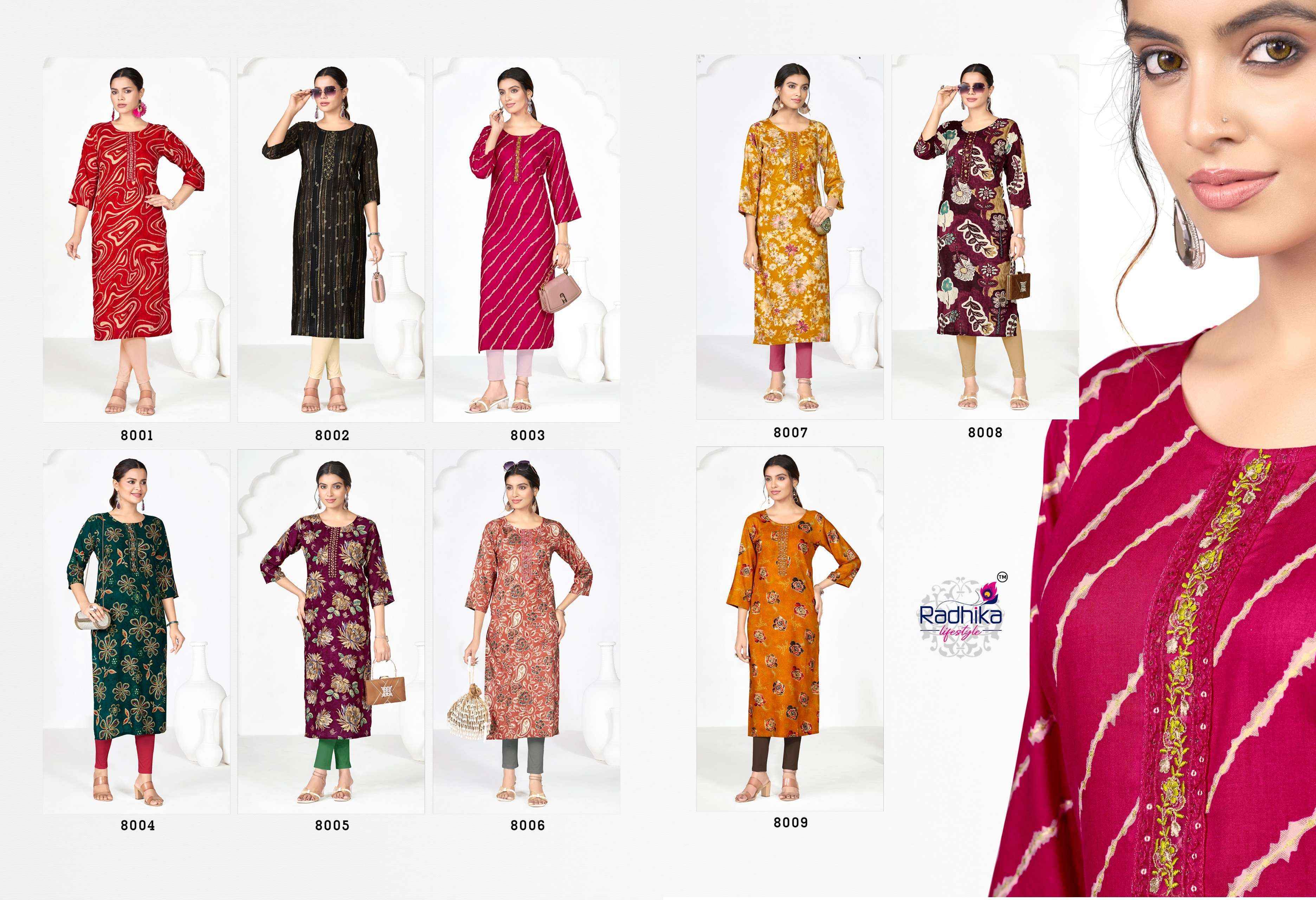 Radhika Lifestyle Alisha Vol-8 Rayon Kurti (9 pcs Catalogue)