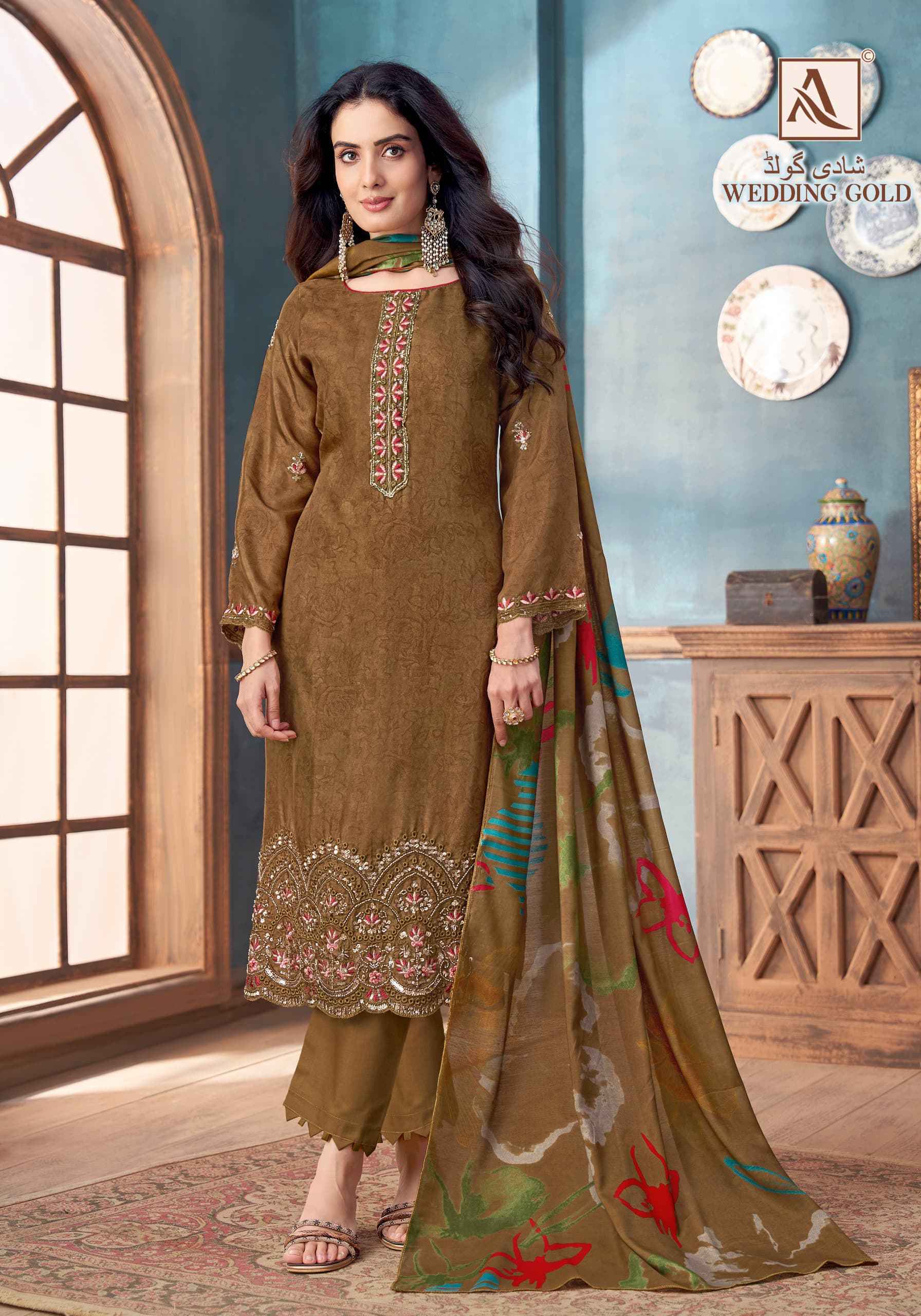 Alok Wedding Gold Viscose Muslin Dress Material 6 pcs Catalogue