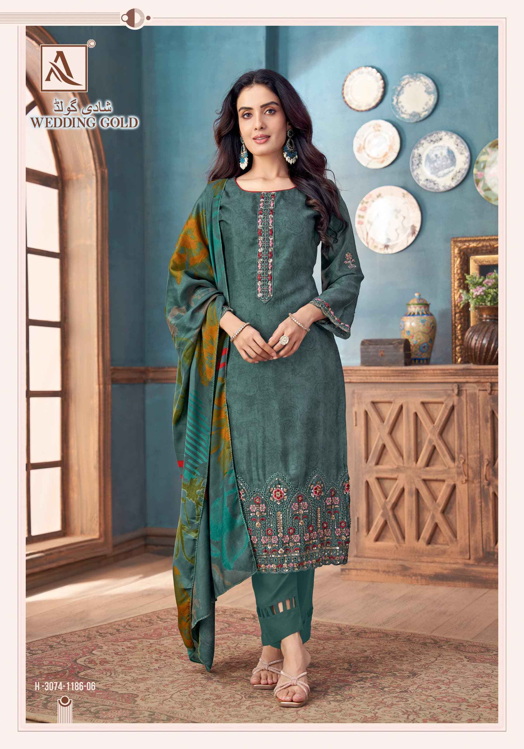 Alok Wedding Gold Viscose Muslin Dress Material 6 pcs Catalogue