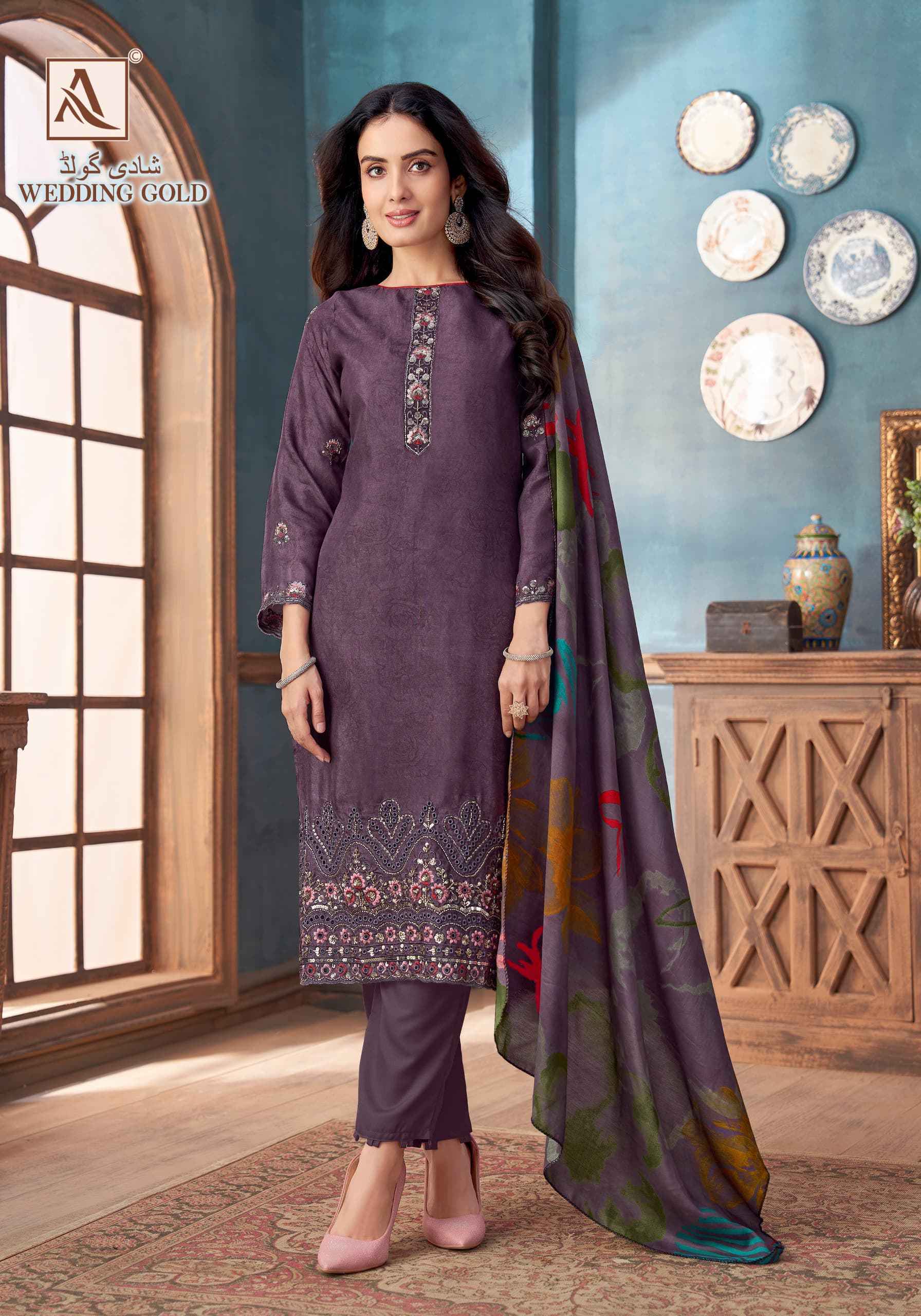 Alok Wedding Gold Viscose Muslin Dress Material 6 pcs Catalogue