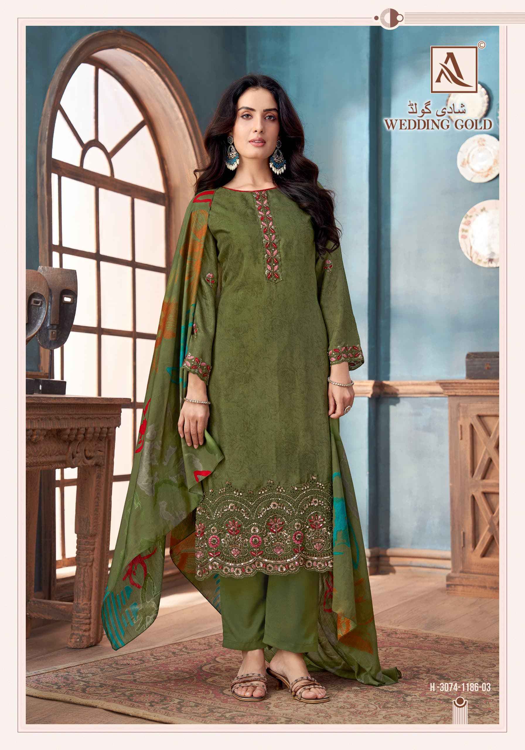 Alok Wedding Gold Viscose Muslin Dress Material 6 pcs Catalogue