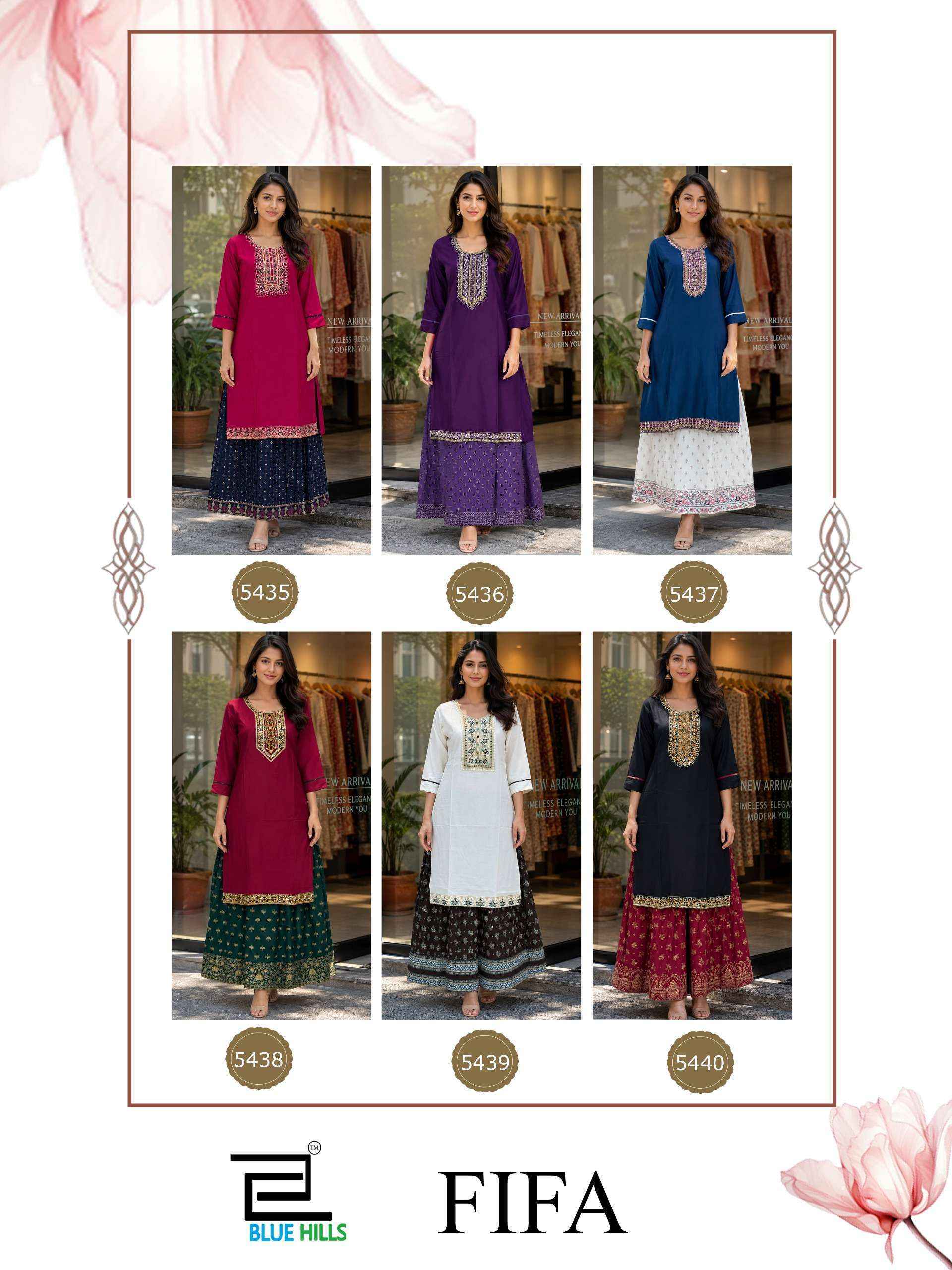 Blue Hills Fifa Rayon Kurti With Skirt (6 pcs Catalogue)