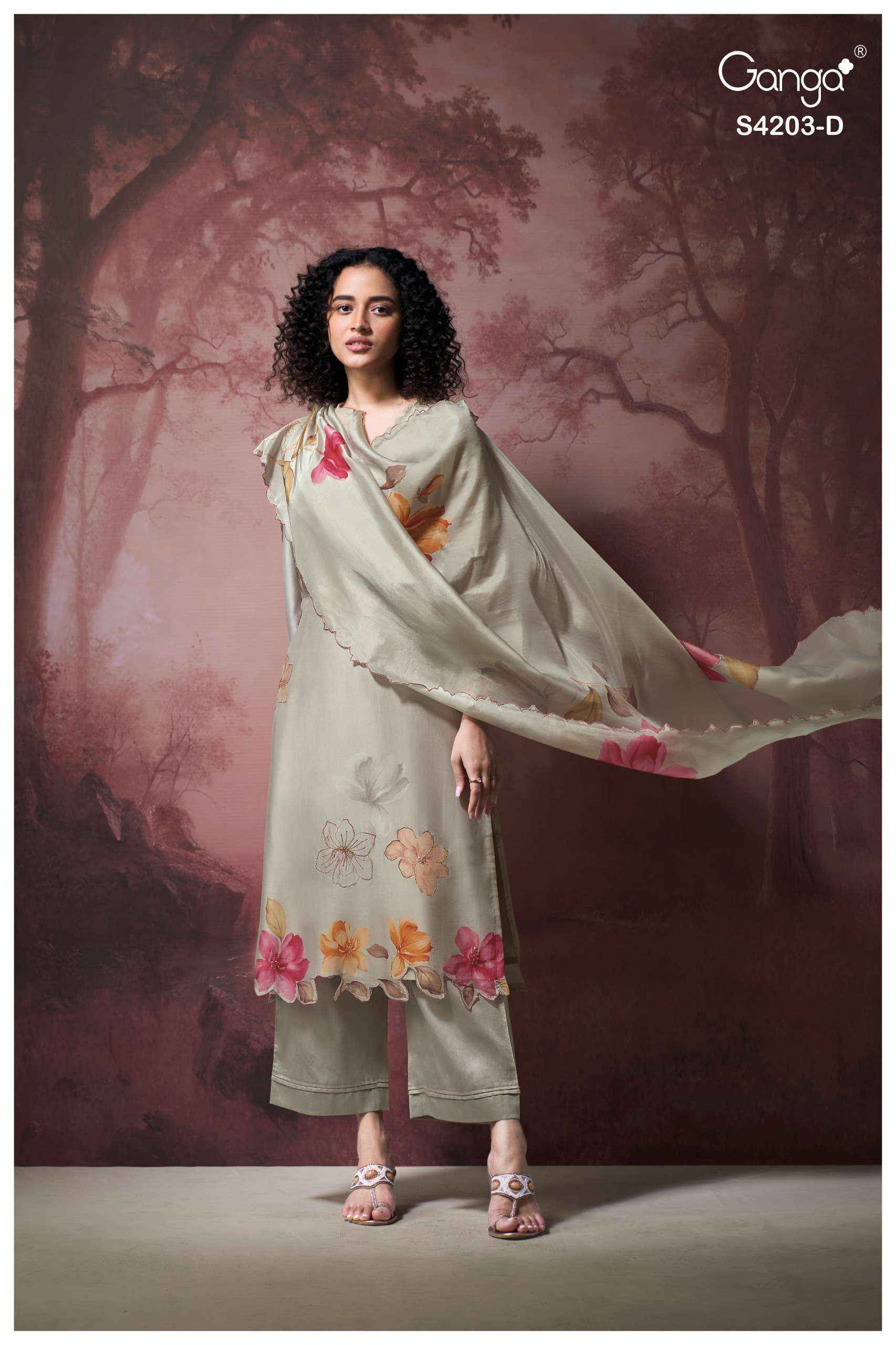 Ganga Ekthara-4203 Silk Satin Dress Material (4 pcs Catalogue)