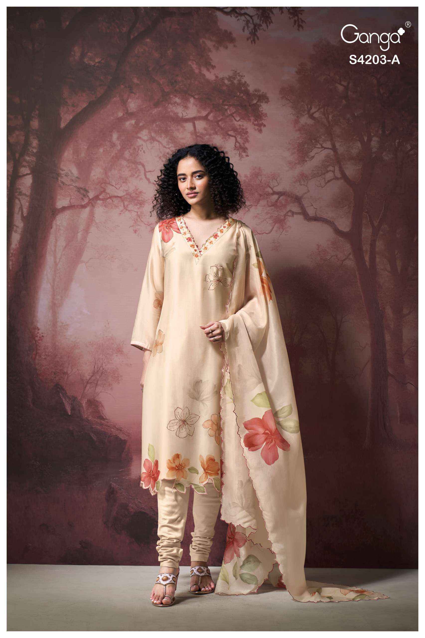 Ganga Ekthara-4203 Silk Satin Dress Material (4 pcs Catalogue)