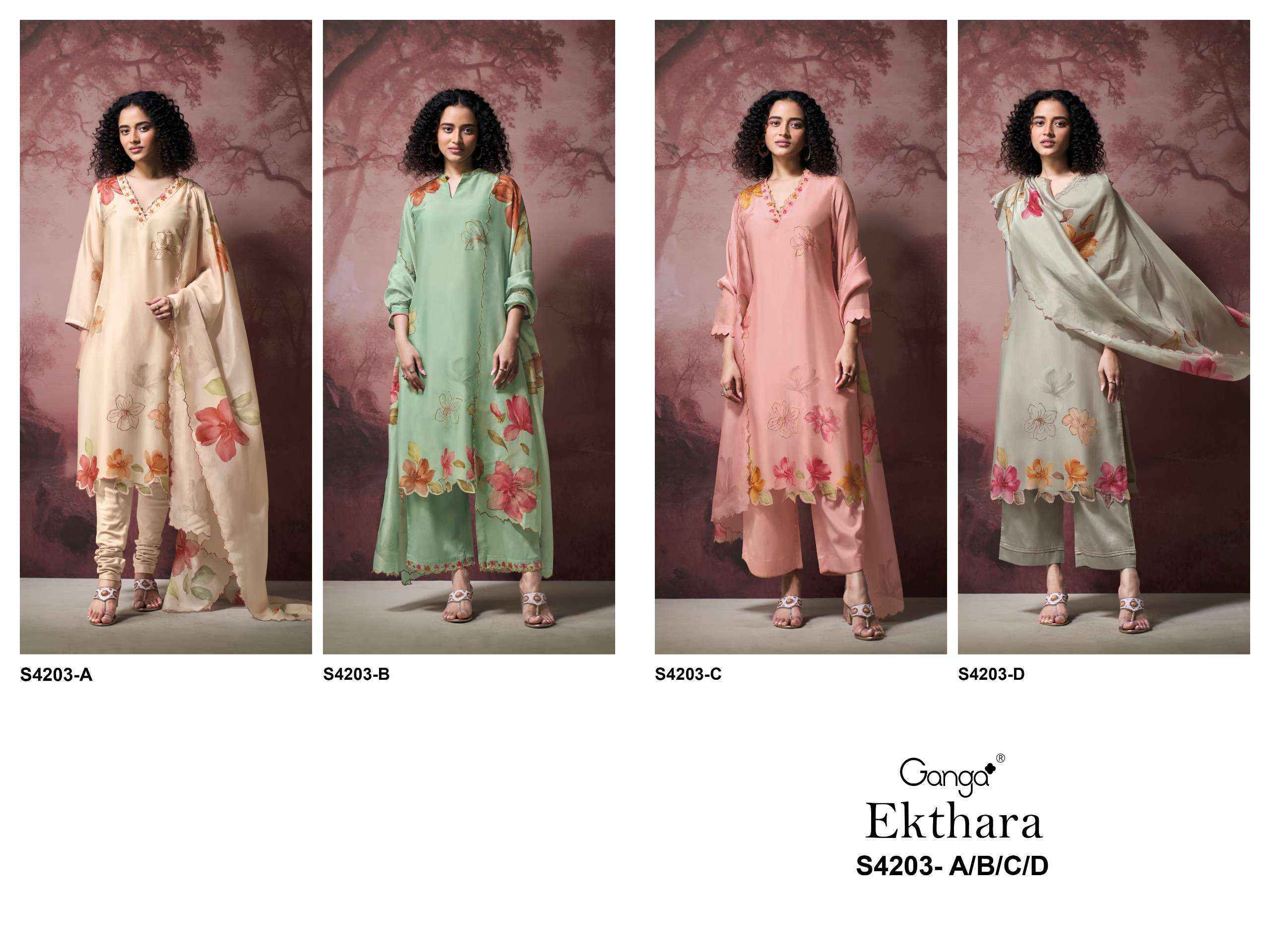 Ganga Ekthara-4203 Silk Satin Dress Material (4 pcs Catalogue)
