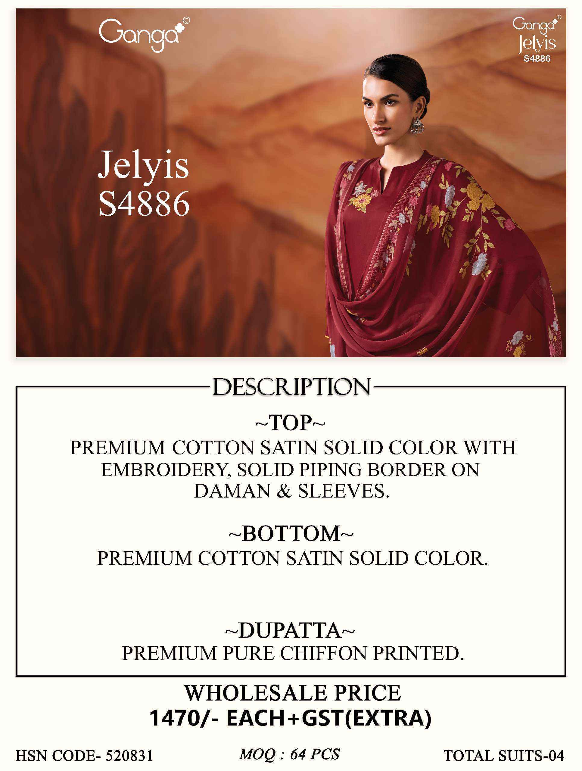Ganga Jelyis 4886 Satin Cotton Dress Material 4 pcs Catalogue