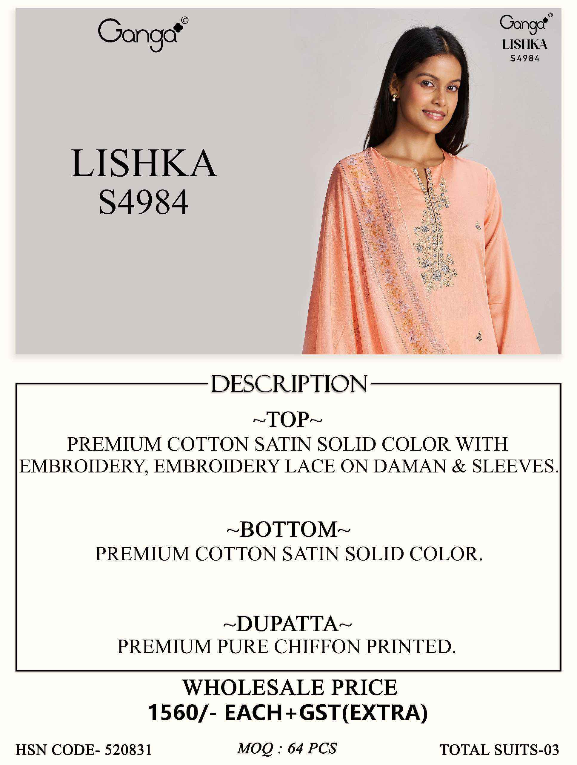 Ganga Lishka 4984 Satin Cotton Dress Material 3 pcs Catalogue