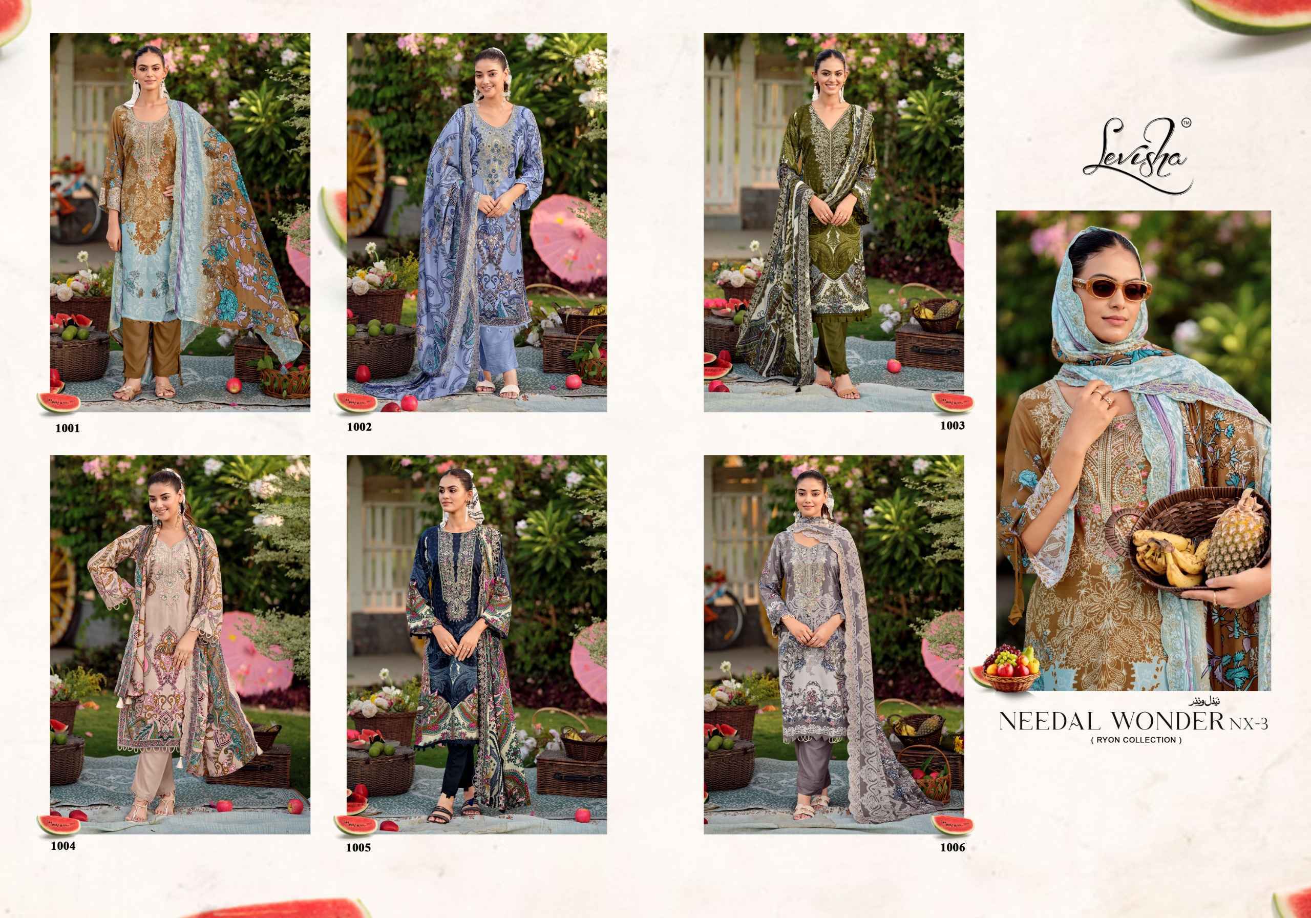 Levisha Needal Wonder Nx Vol-3 Rayon Viscose Dress Material (6 pcs Catalogue)
