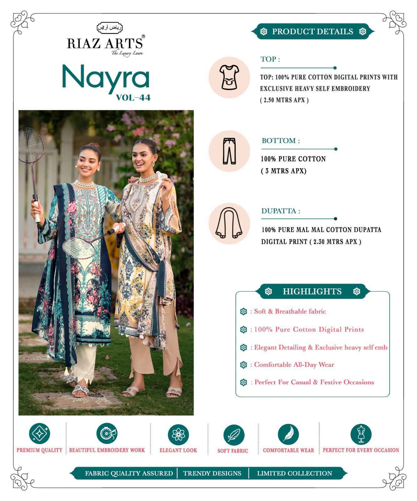 Riaz Arts Nayra Vol 44 Cotton Dress Material 8 pcs Catalogue
