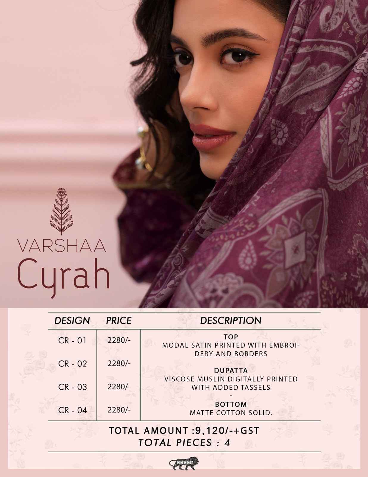 Varshaa Cyrah Modal satin Dress Material 4 pcs Catalogue
