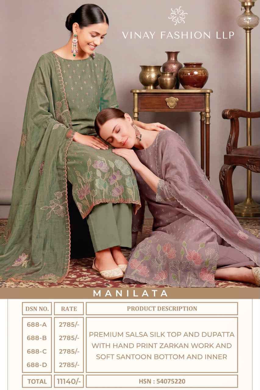 Vinay Fashion Kuleesh Manilata Salsa Silk Dress Material (4 pcs Catalogue)
