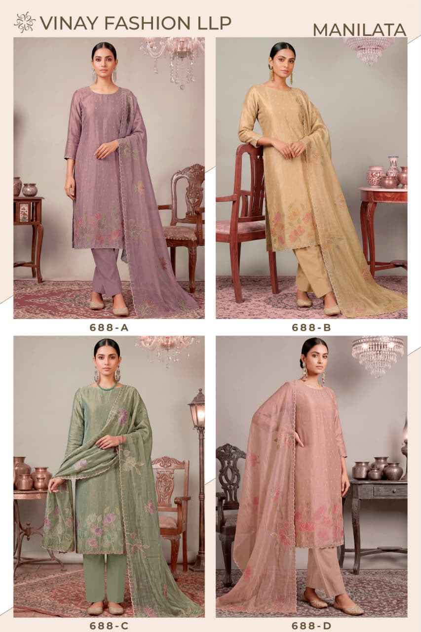 Vinay Fashion Kuleesh Manilata Salsa Silk Dress Material (4 pcs Catalogue)