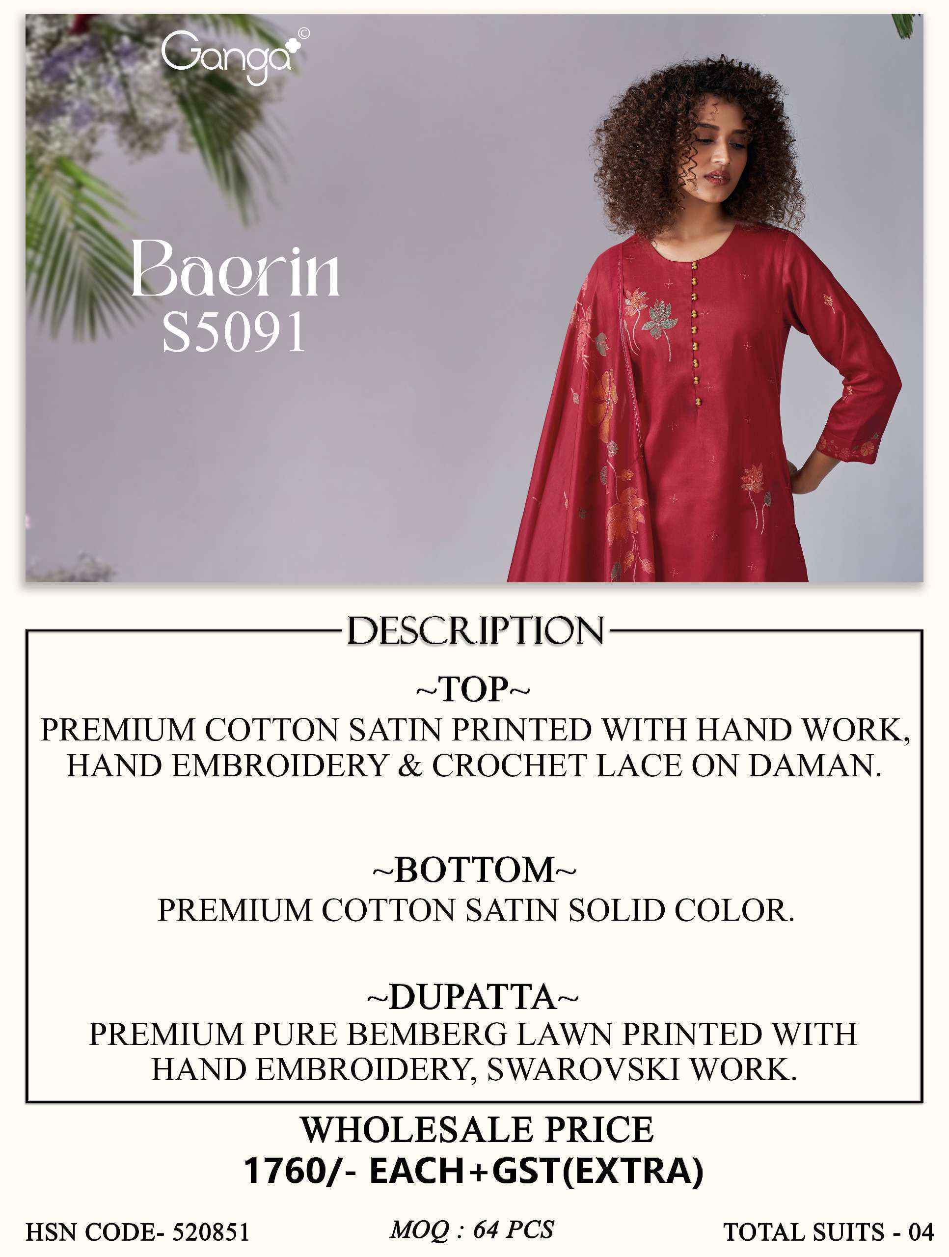 Ganga Baerin 5091 Satin Cotton Dress Material 4 pcs Catalogue