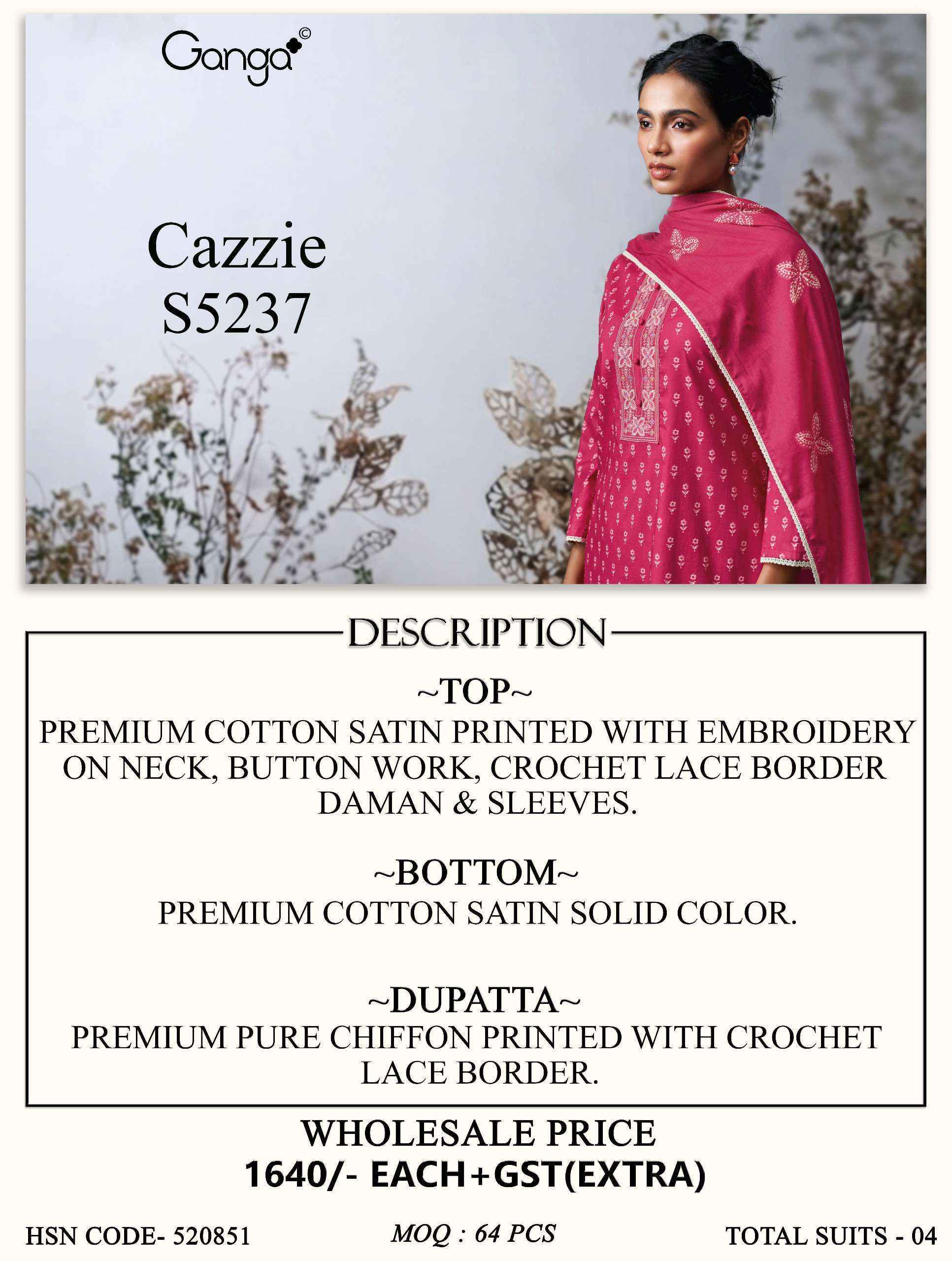 Ganga Cazzie 5237 Satin Cotton Dress Material 4 pcs Catalogue