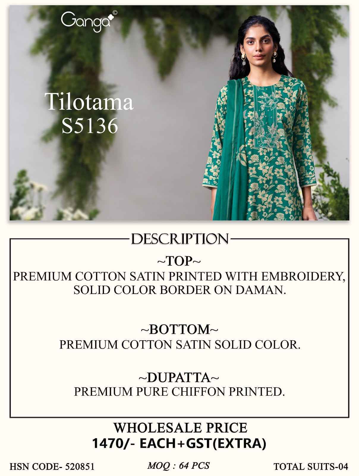 Ganga Tilotama 5136 Satin Cotton Dress Material 4 pcs Catalogue