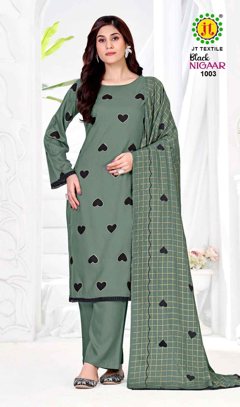 Jt Black Nigaar Rayon Dress Material 5 pcs Catalogue