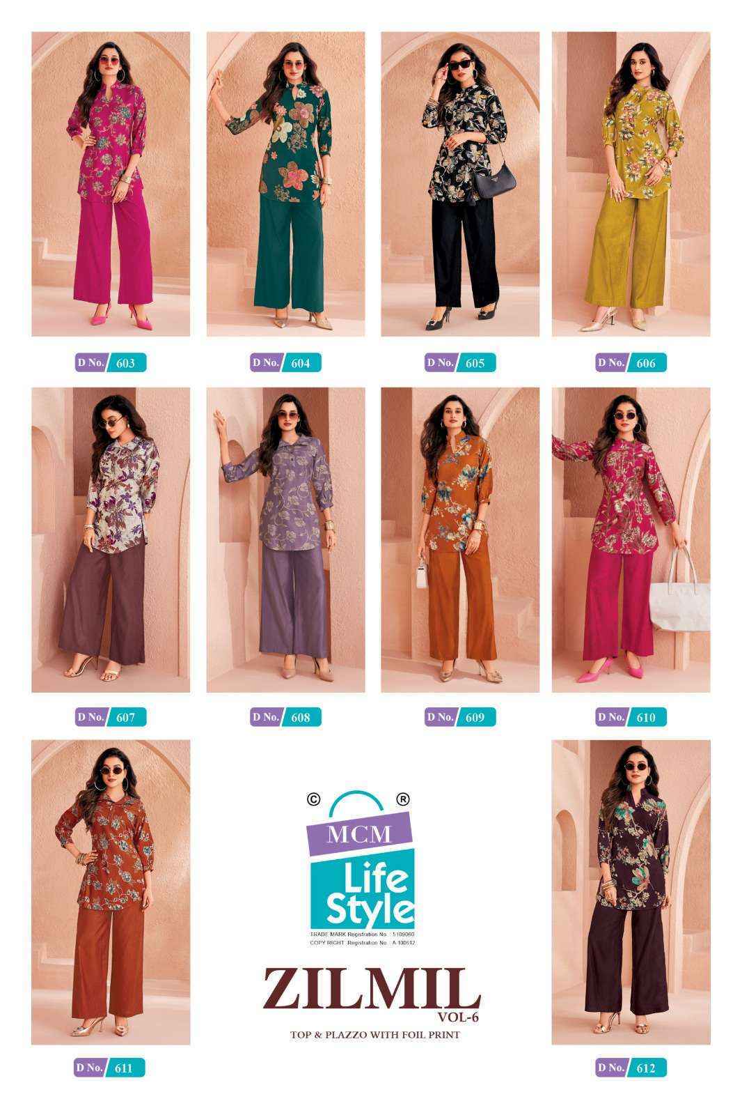 MCM Lifestyle Zilmil Vol 6 Vertican Top With Plazzo 10 pcs Catalogue