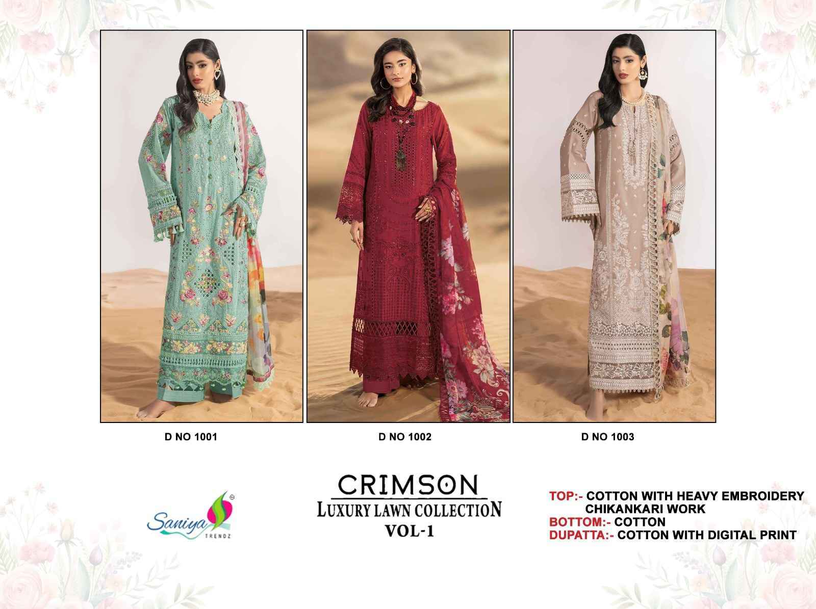 Saniya Trendz Crimson Luxury Lawn Colletion Vol 1 Cotton Dress Material