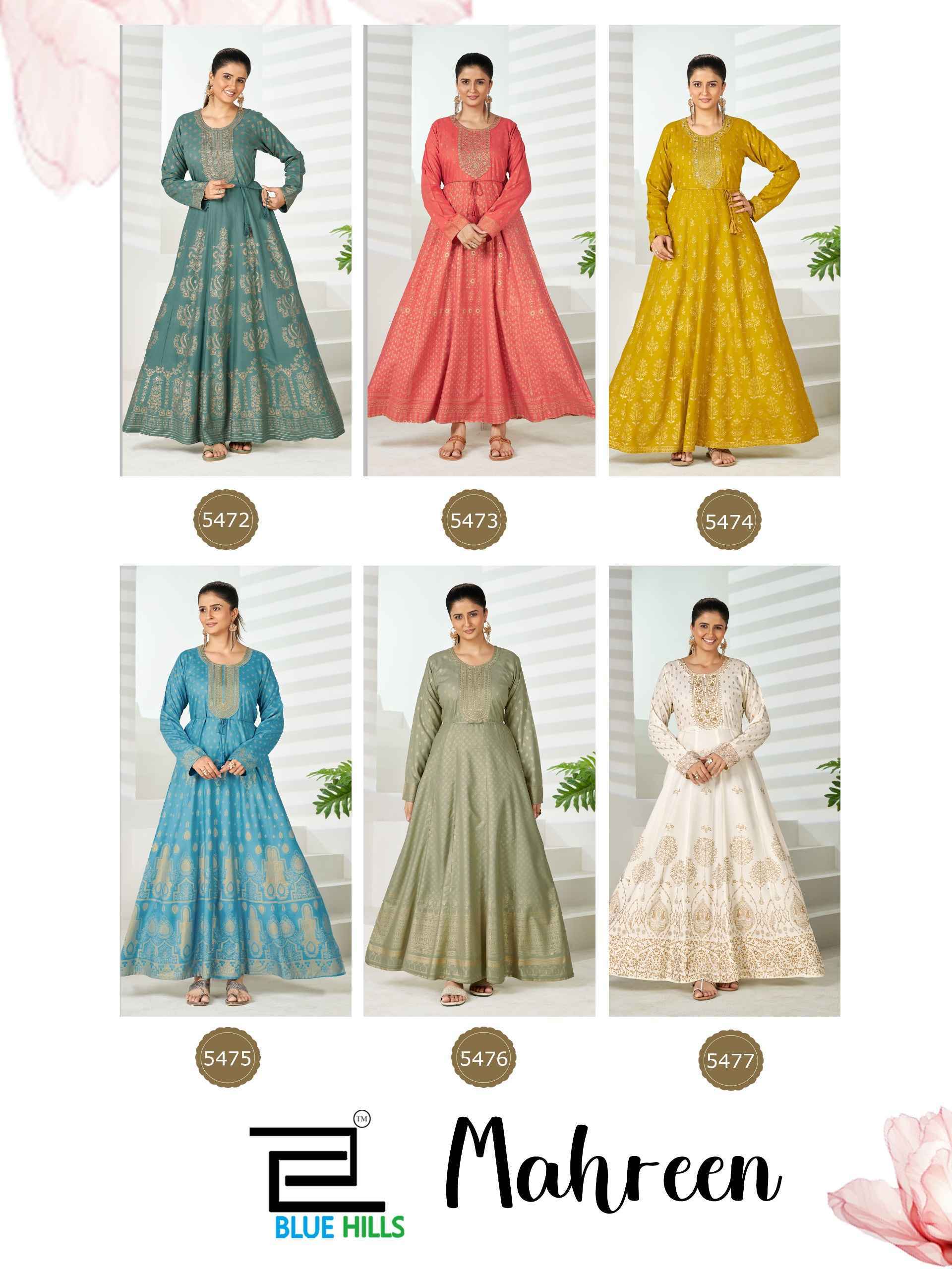 Blue Hills Mahreen Rayon Anarkali Gown 6 pcs Catalogue