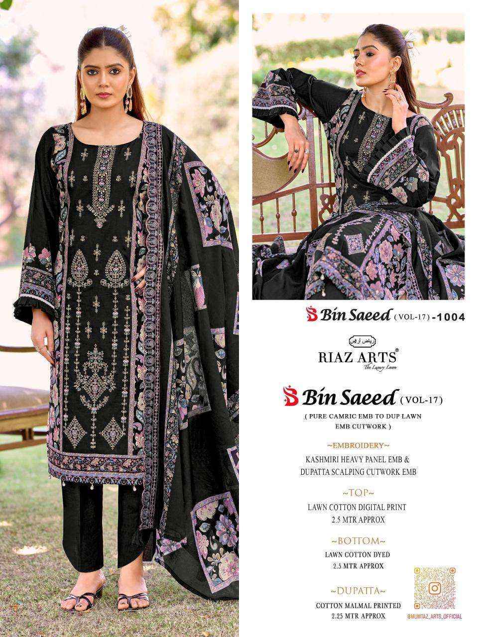 Riaz Arts Bin Saeed Vol 17 Lawn Cotton Dress Material 6 pcs Catalogue