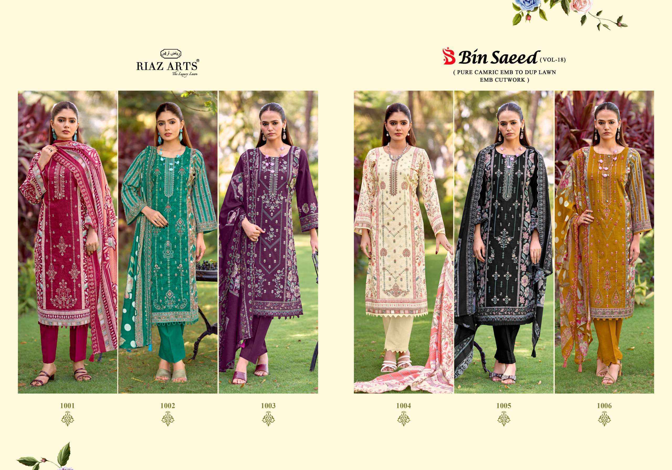 Riaz Arts Bin Saeed Vol 18 Lawn Cotton Dress Material 6 pcs Catalogue