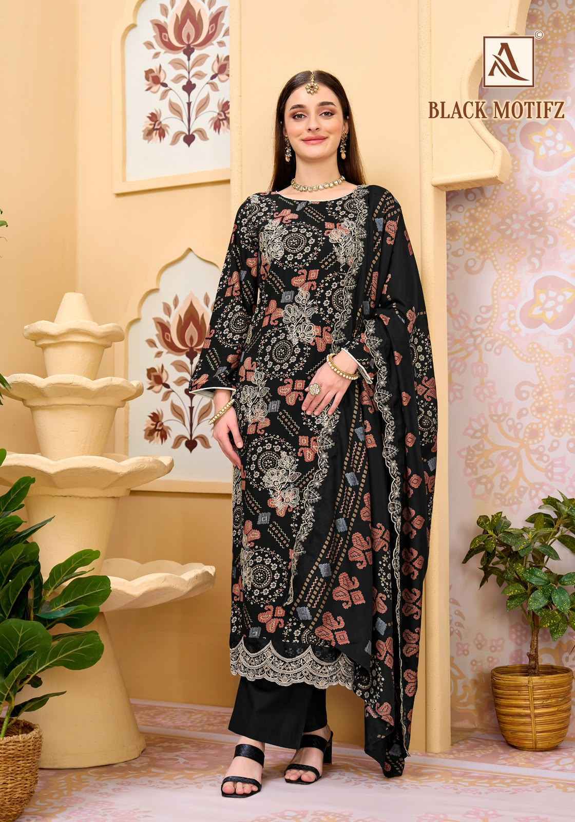 Alok Black Motifz Viscose Reyon Dress Material 6 pcs Catalogue