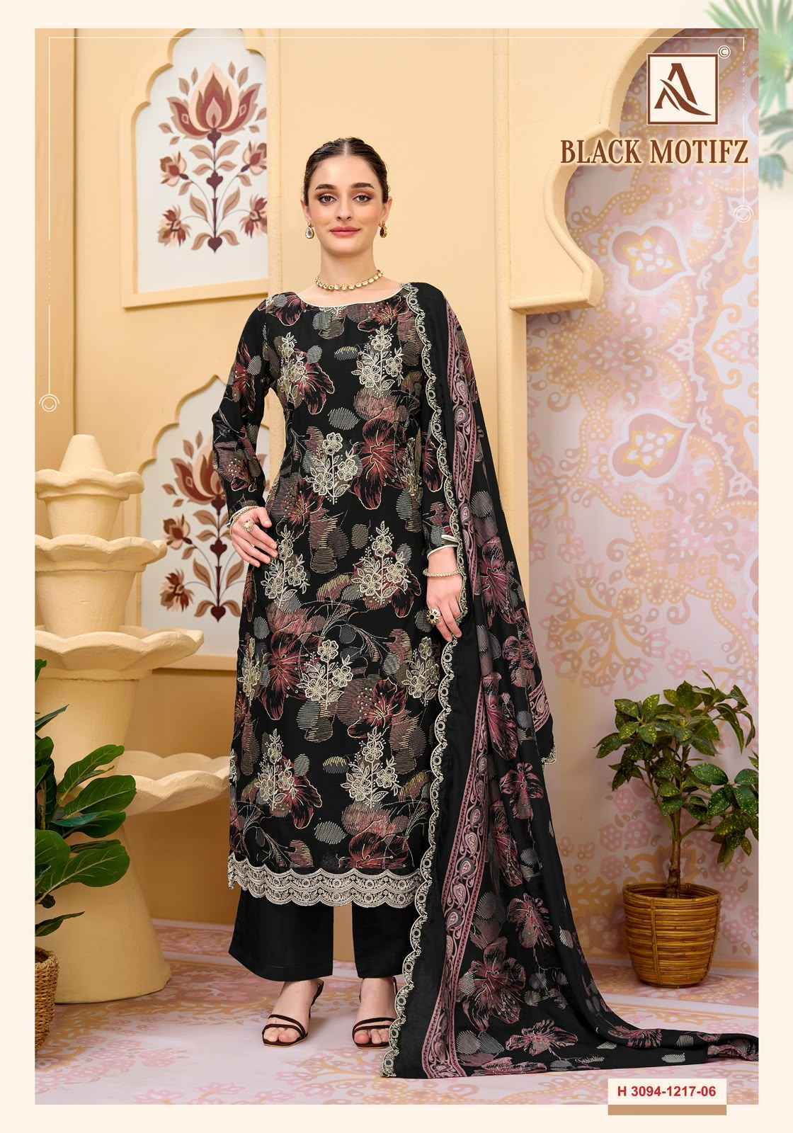 Alok Black Motifz Viscose Reyon Dress Material 6 pcs Catalogue