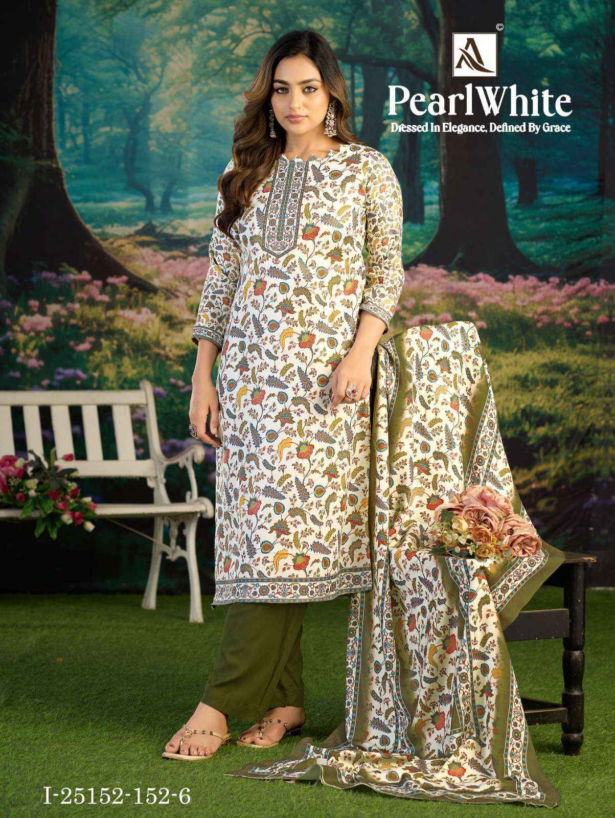 Alok White Pearl Pashmina Dress Material 6 pcs Catalogue