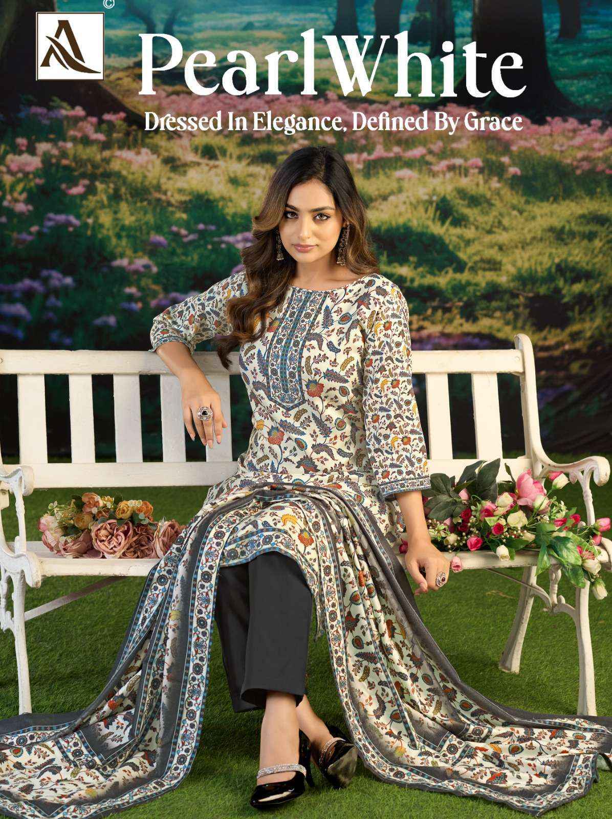 Alok White Pearl Pashmina Dress Material 6 pcs Catalogue