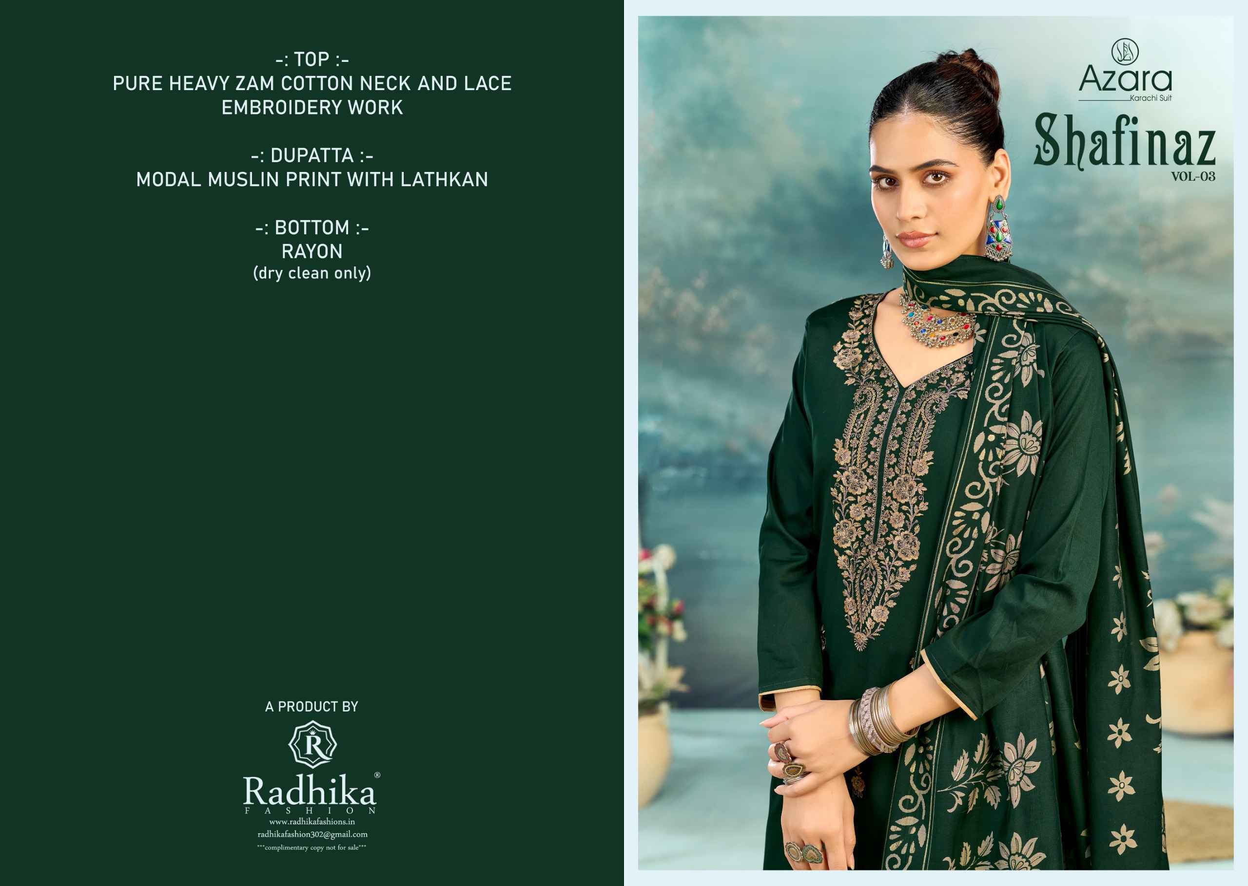 Radhika Fashion Azara Shafinaz Vol 3 Zam Cotton Dress Material 6 pcs Catalogue
